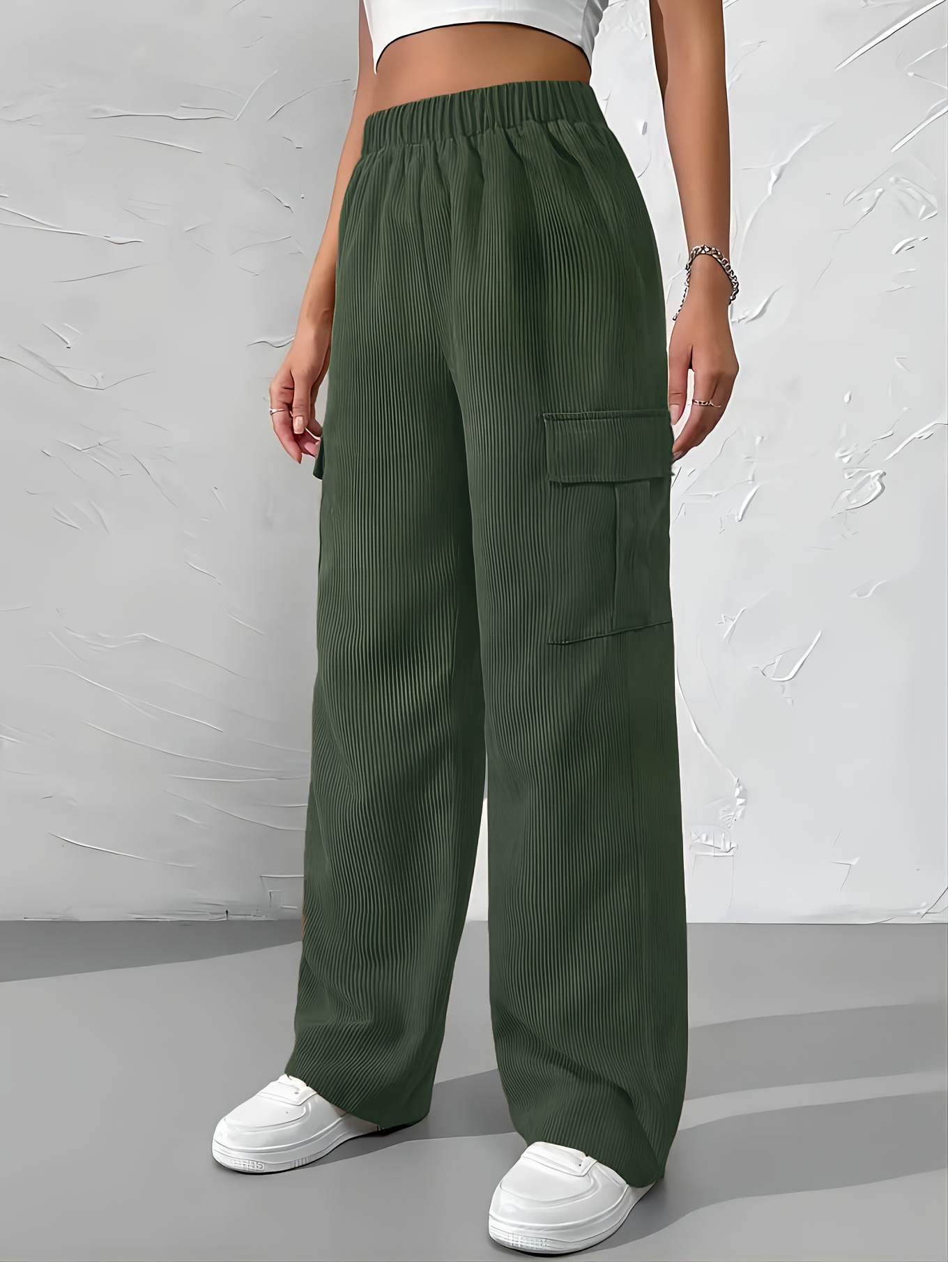 Casual Loose Corduroy Pants Solid Pocket High Waist Fashion - Temu