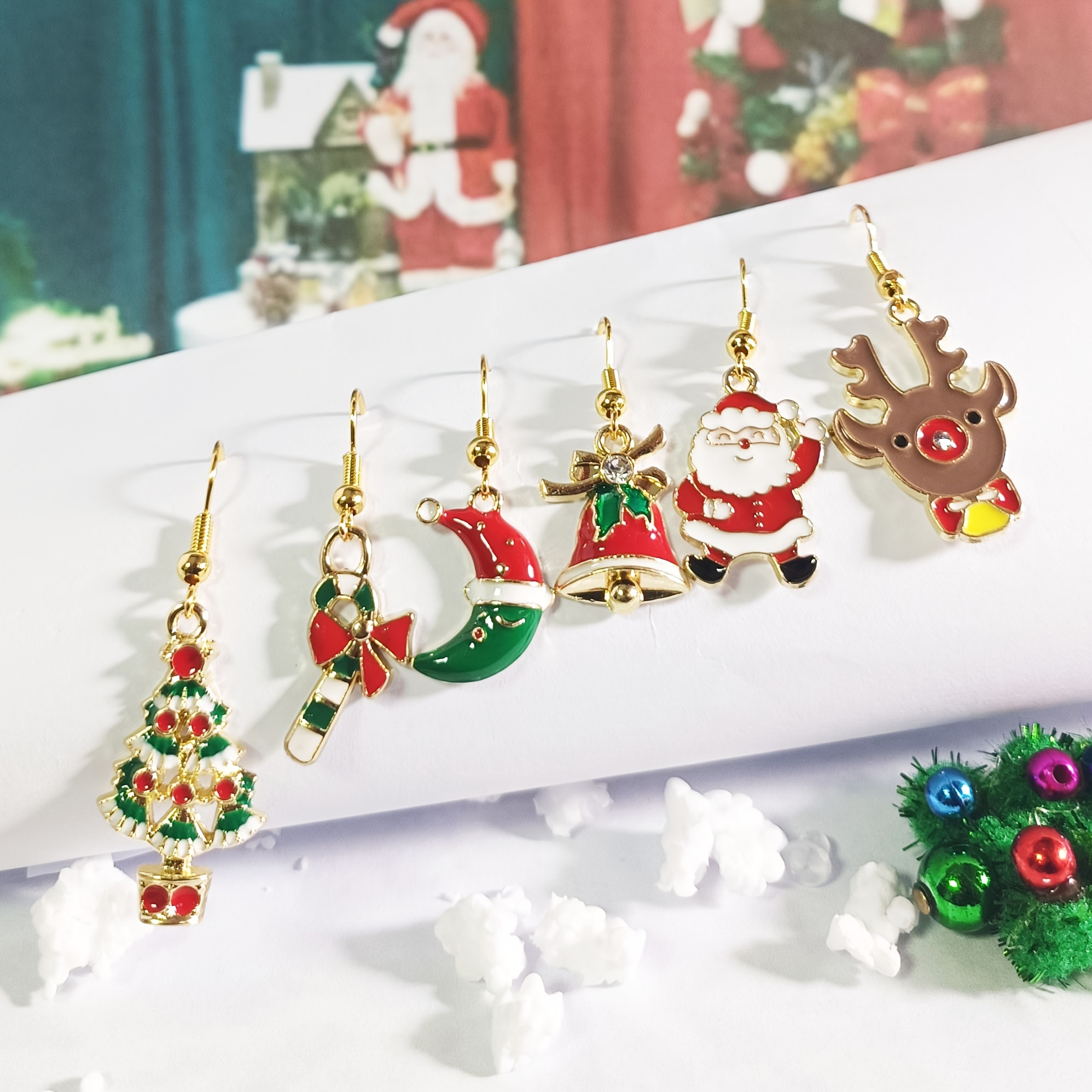 6pcs Cute Christmas Earrings Set, Colorful Santa Claus Hat Christmas Tree  Cane Bell Reindeer Hook Earrings, Xmas Holiday Gift