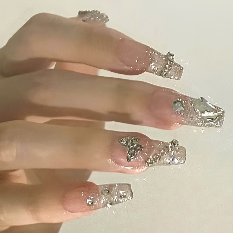 TEMU 24pcs Clous à Ongles Coffin Brillants, Ongles Faux Longs de Qualité Salon, Ongles Faux à Ongles Rapides à ( Nu Brillants)