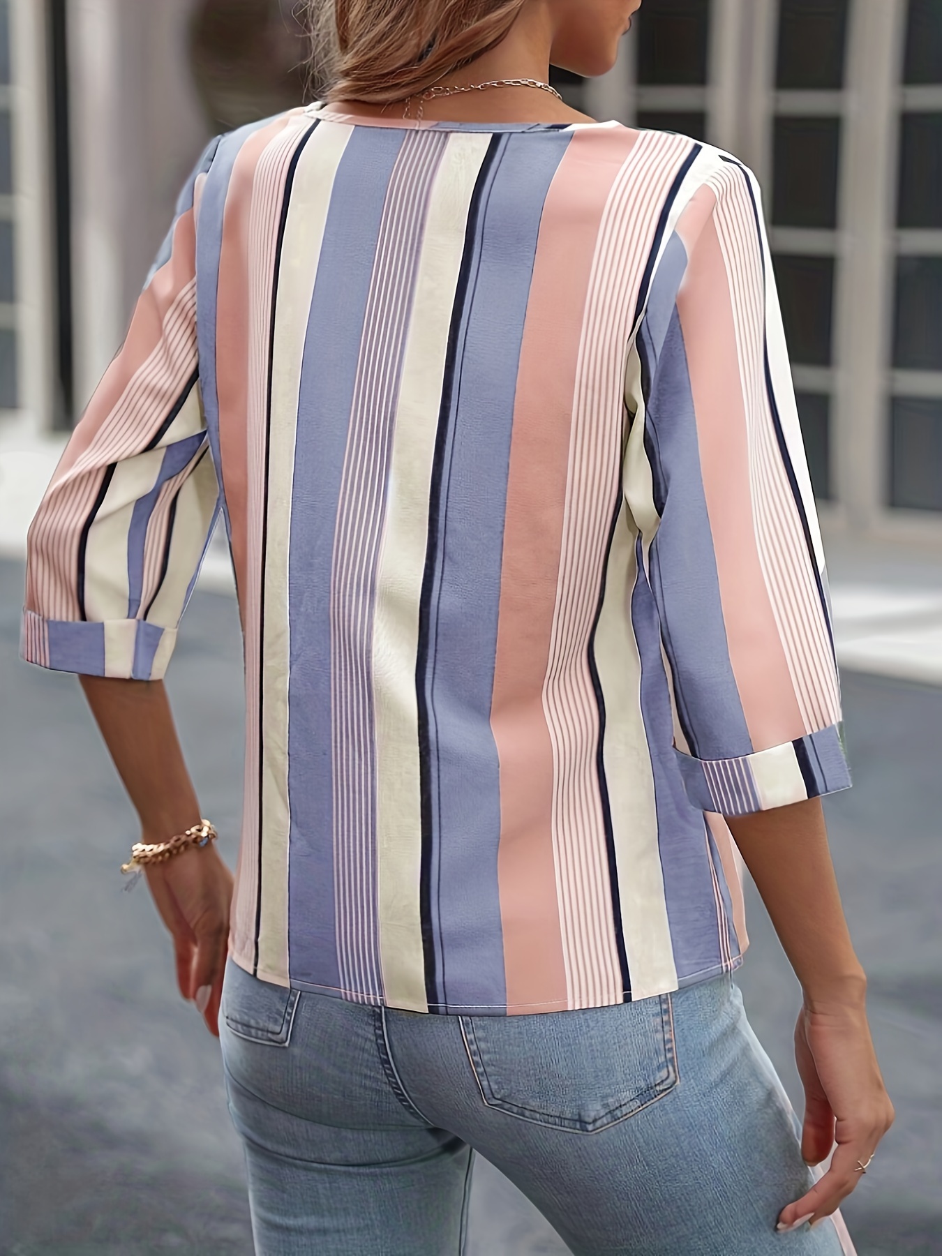 Striped Print Asymmetrical Neck Blouse Elegant Short Sleeve - Temu Belgium