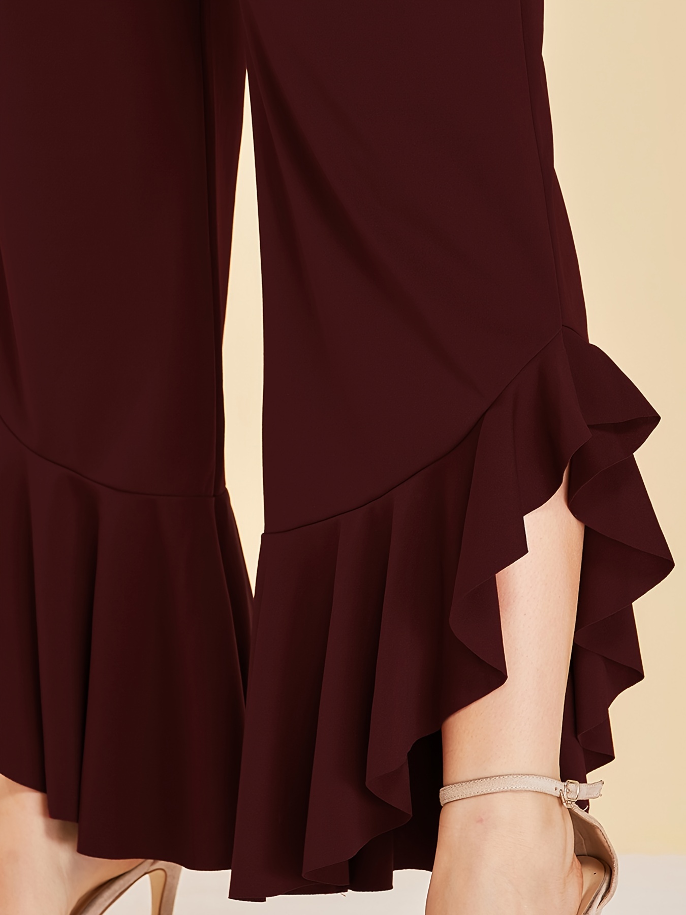 Plus Size Solid Color Ruffle Trim Split Pants Women's Plus - Temu Canada