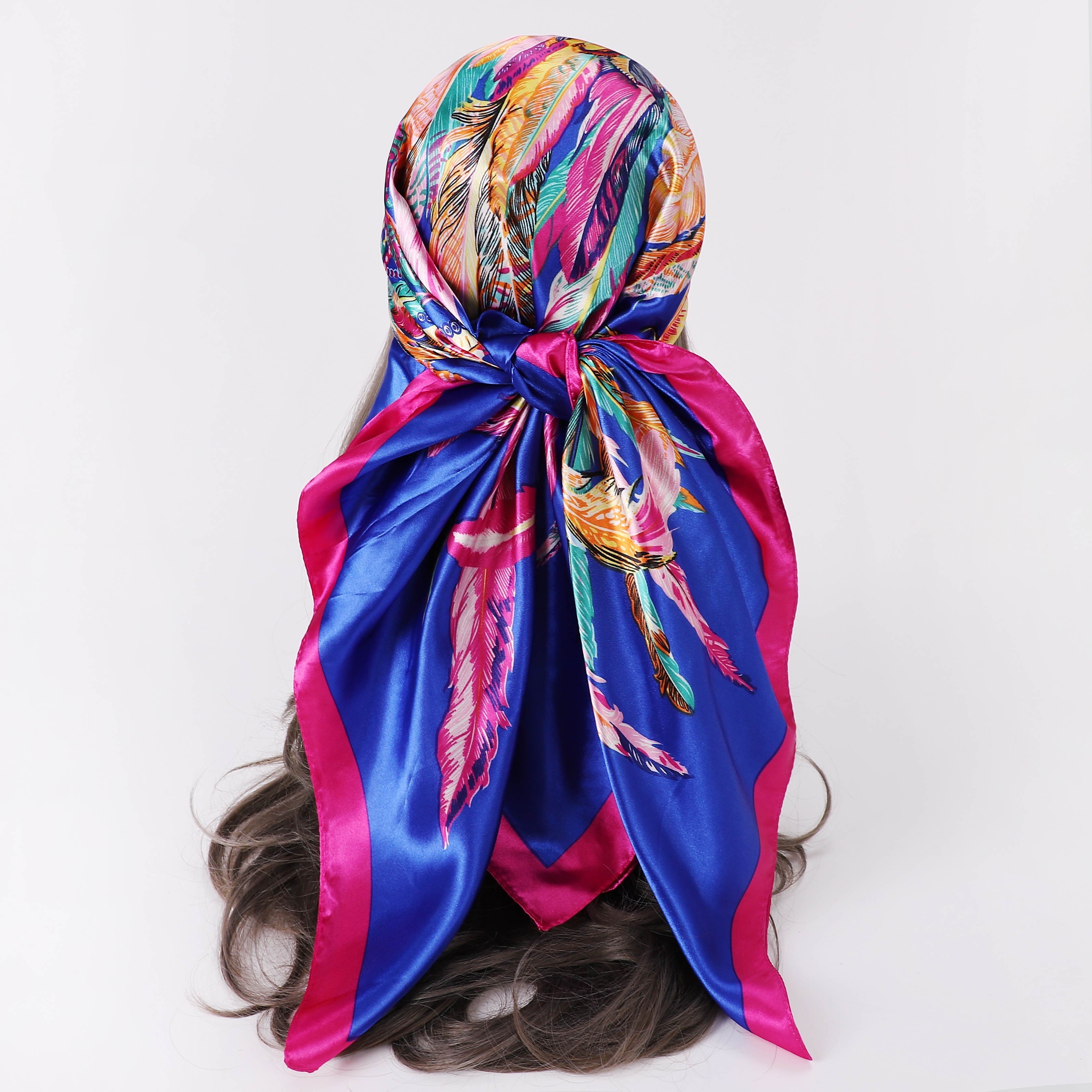 

35.4" Vintage Feather Print Bandana Elegant Boho Square Scarf Imitation Silk Shawl Classic Head Wraps Turban For Women