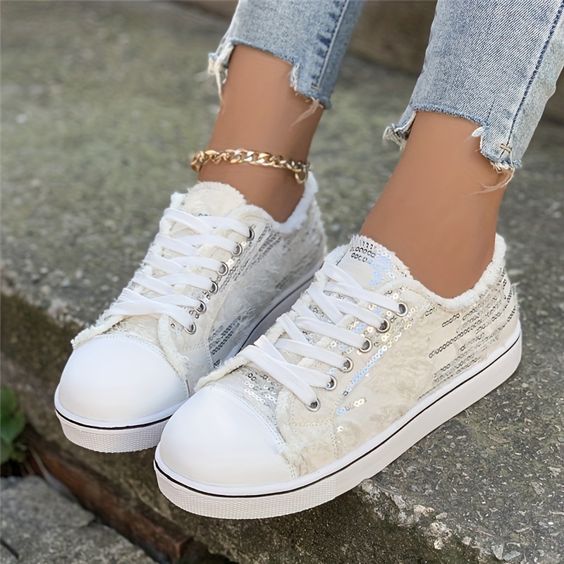 Jsezml Women's Glitter Shoes Sparkly Sequins Tennis Shoes Low Top Lace Up  Canvas Sneakers Fashion Casual Walking Shoes