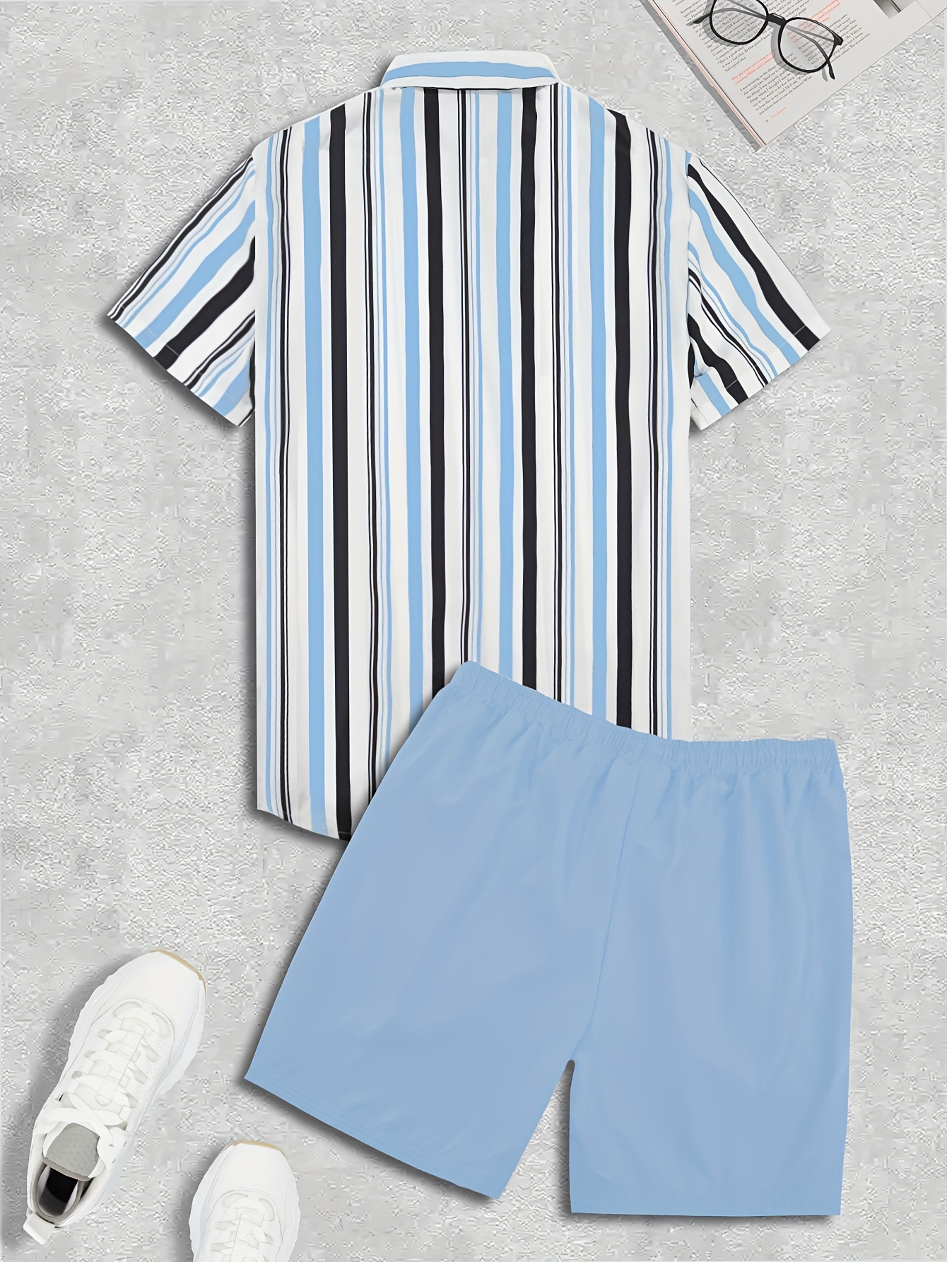 casual men's striped short sleeve button shirt beach shorts