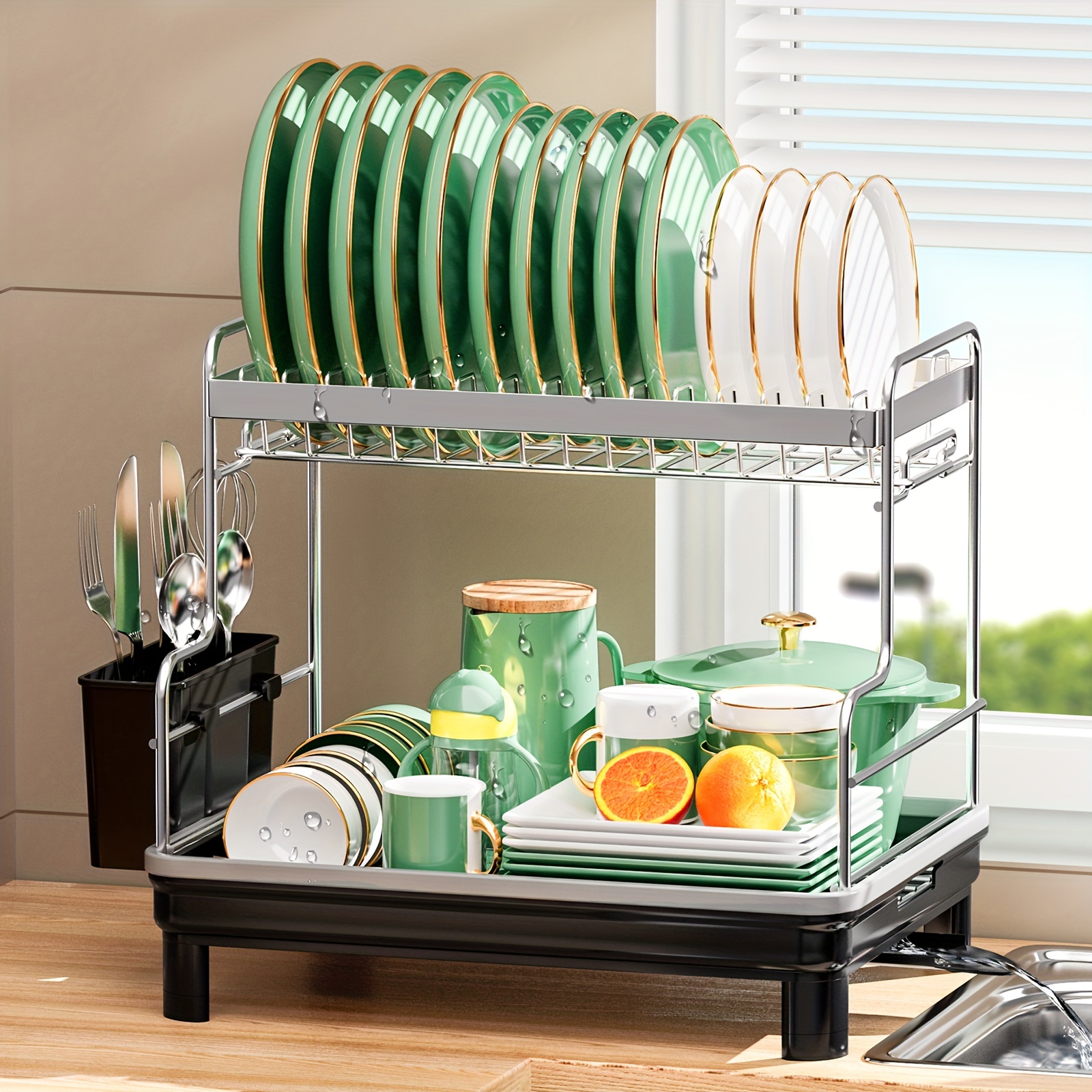 Dish Drying Rack With Drainboard Set, 2-tier Rust-resistant Large Dish Rack,  Dish Drainer, Dish Rack With Drainboard And Drain, Cutlery Holder With  Cutlery, Forks And Chopsticks, Kitchen Organizers And Storage, Kitchen  Accessories 