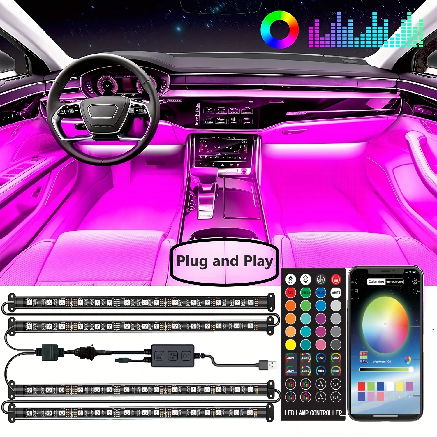 LED Lights For Car, LED Lights Interior Car Accessories With 2 In 1 Design,  16Million Colors Music DIY Under Dash Car Lights, DC 5V, Plug And Play.