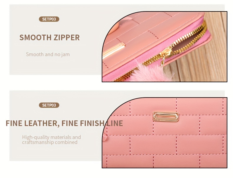 Checkered Quilted Clutch Wallet, Fashion Zipper Around Coin Purse, Women's  Long Card Bag With Pompom Ball Charms - Temu