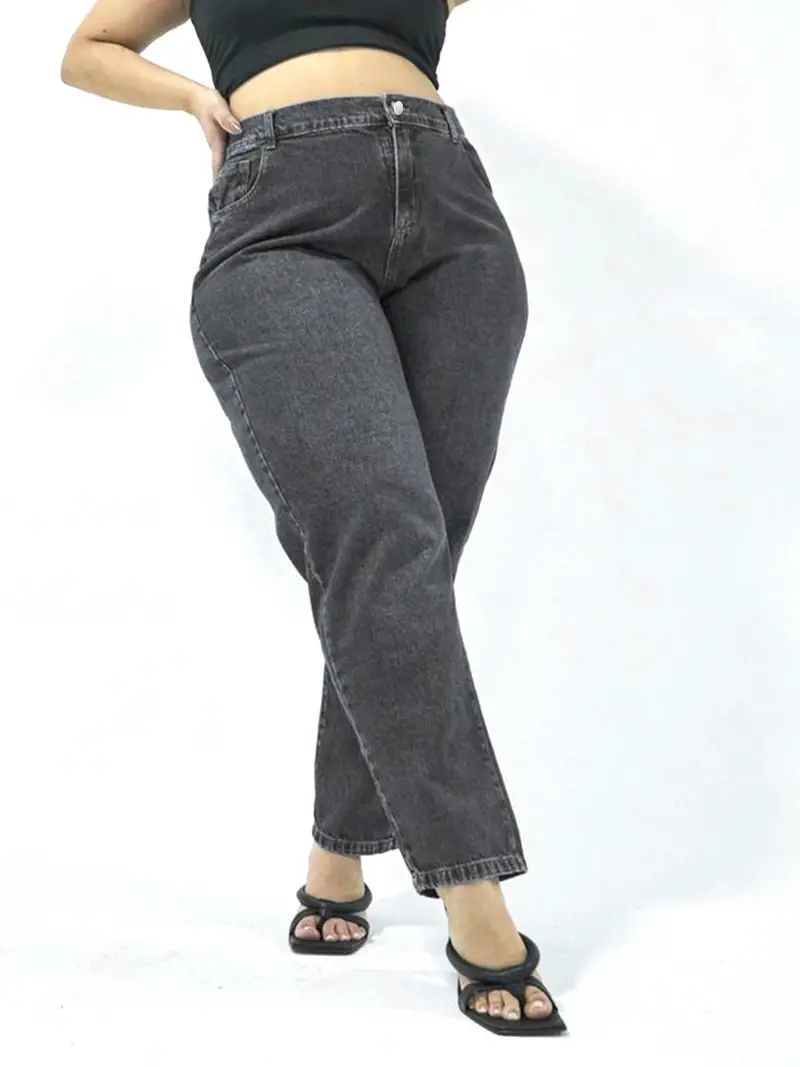 plus size casual jeans womens plus solid button fly high rise slight stretch jeans details 1