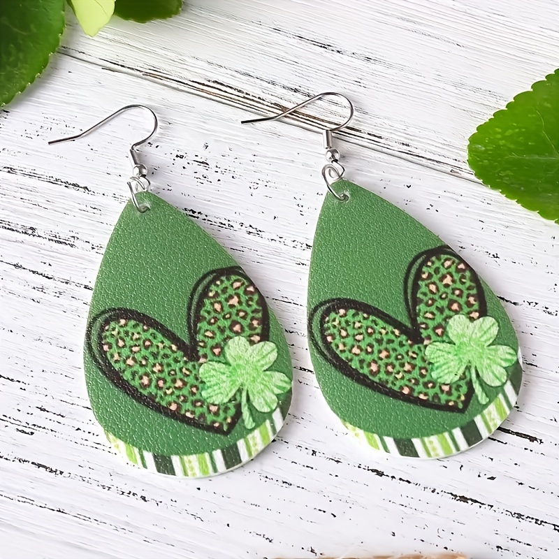 St Patrick's Green Heart Print Drop Earrings For Men Boys