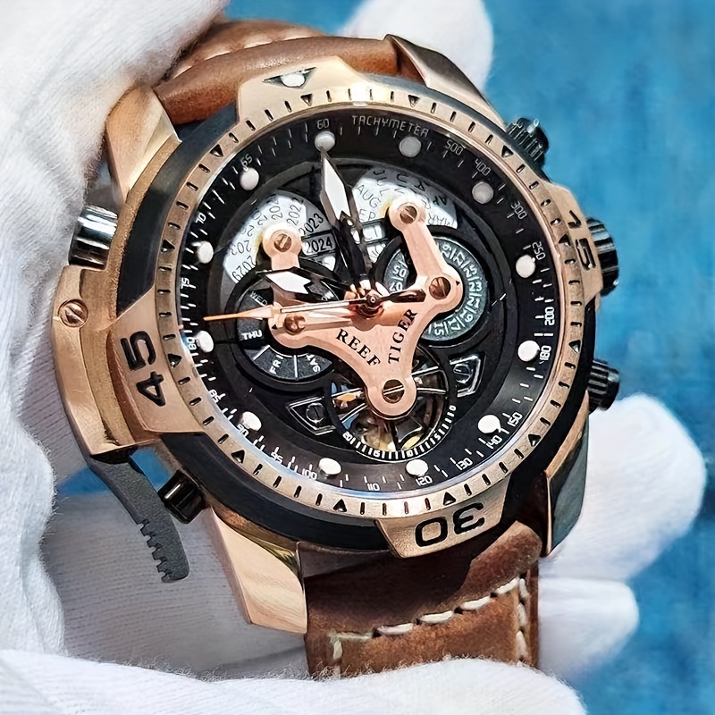 Reef Tiger-relojes automáticos de acero para hombre, cronógrafo Masculino  con correa de cuero marrón, diseño