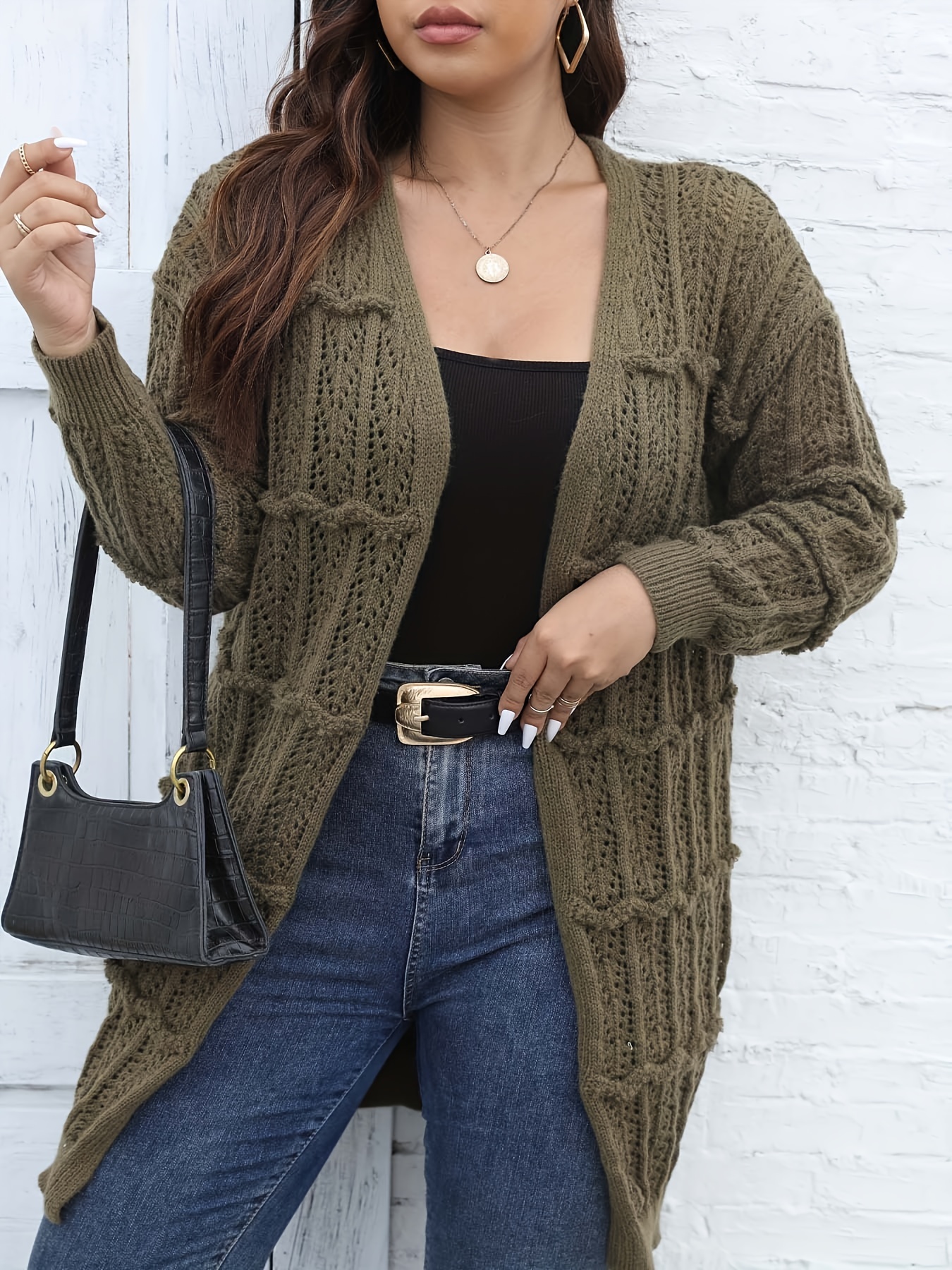 Solid Button Pointelle Knit Cardigan Casual Long Sleeve - Temu