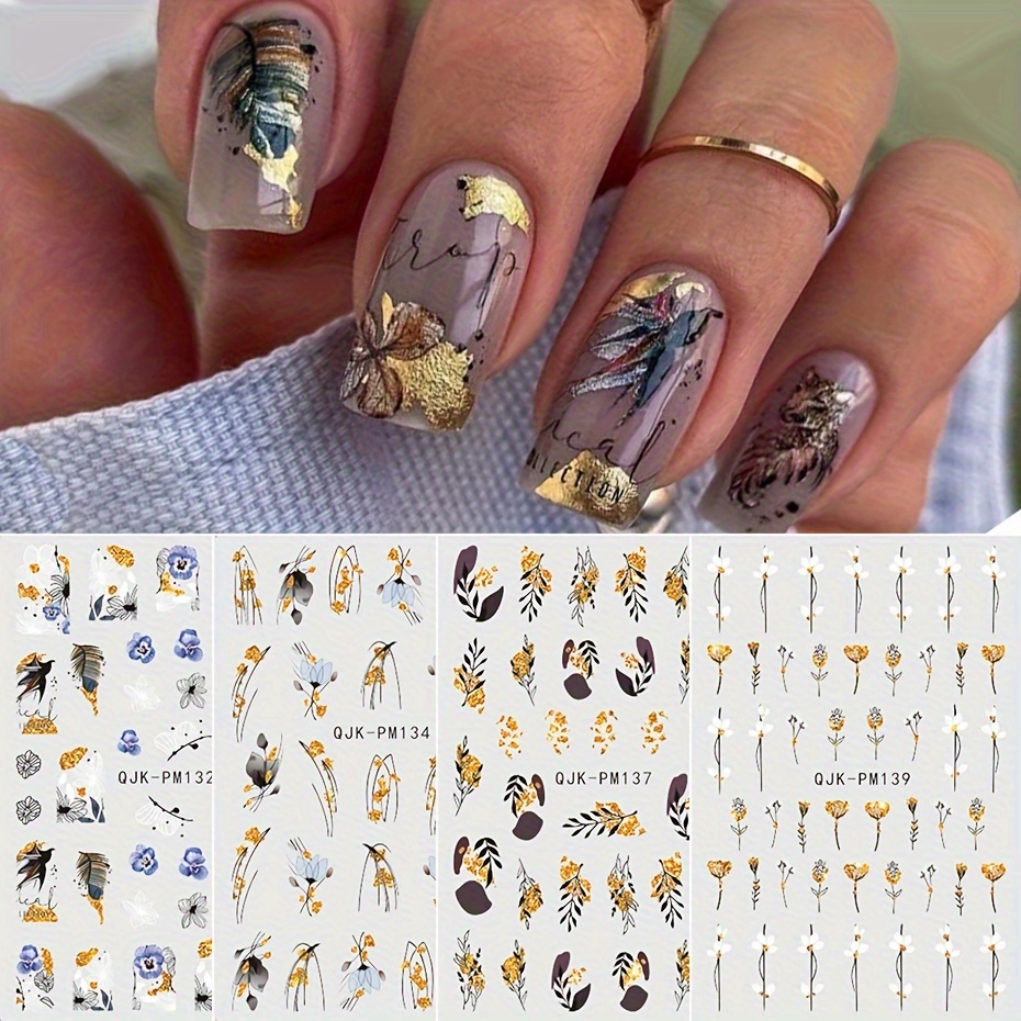 

4pcs Golden Leaves 3d Nail Art Stickers Flowers Leaf Spring Summer Glitter Golden Black Line Nail Decals Nail Salon Manicure Decorations