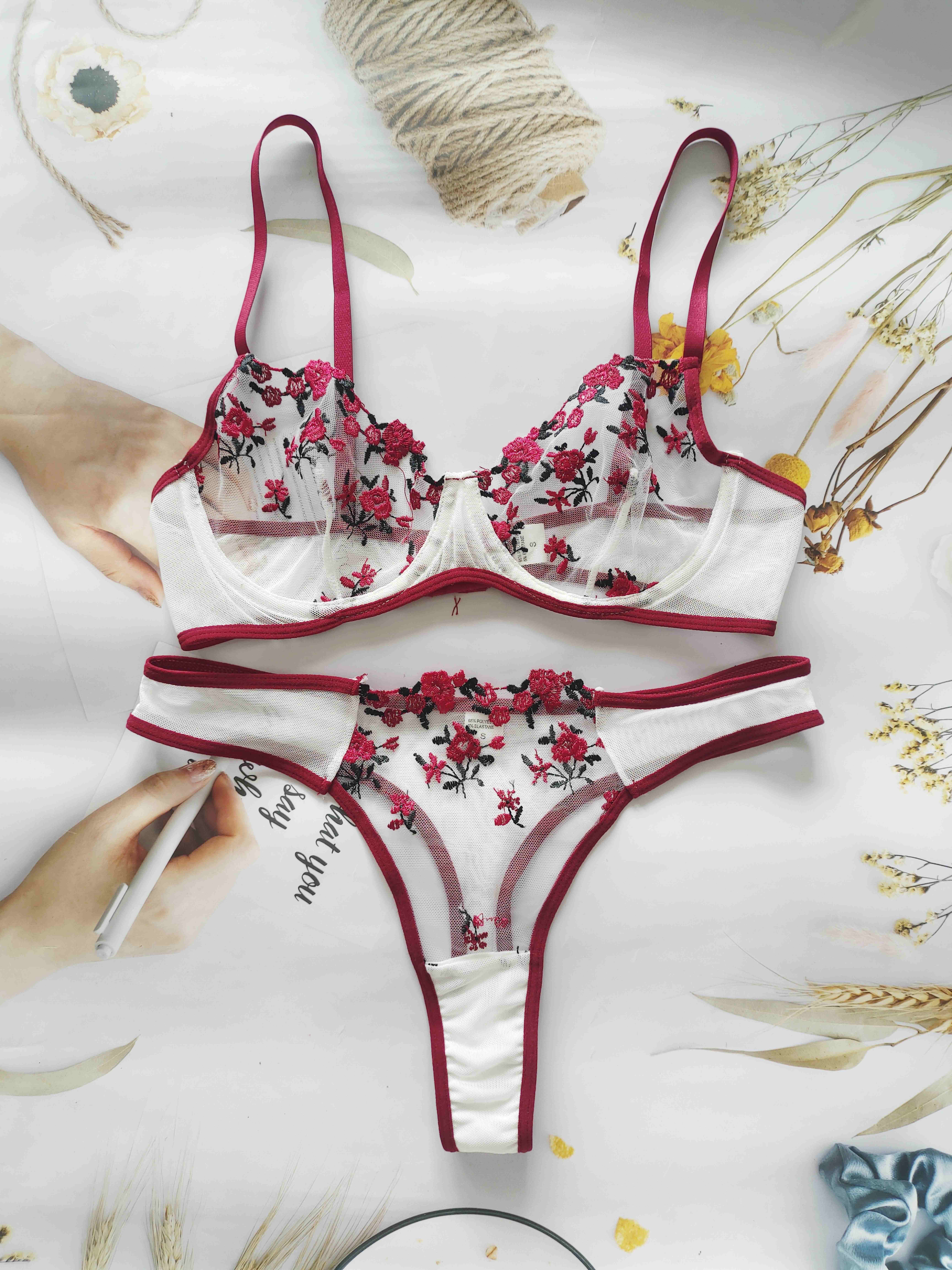 Floral Embroidery Lingerie Set See Mesh Bra Thong Panties - Temu