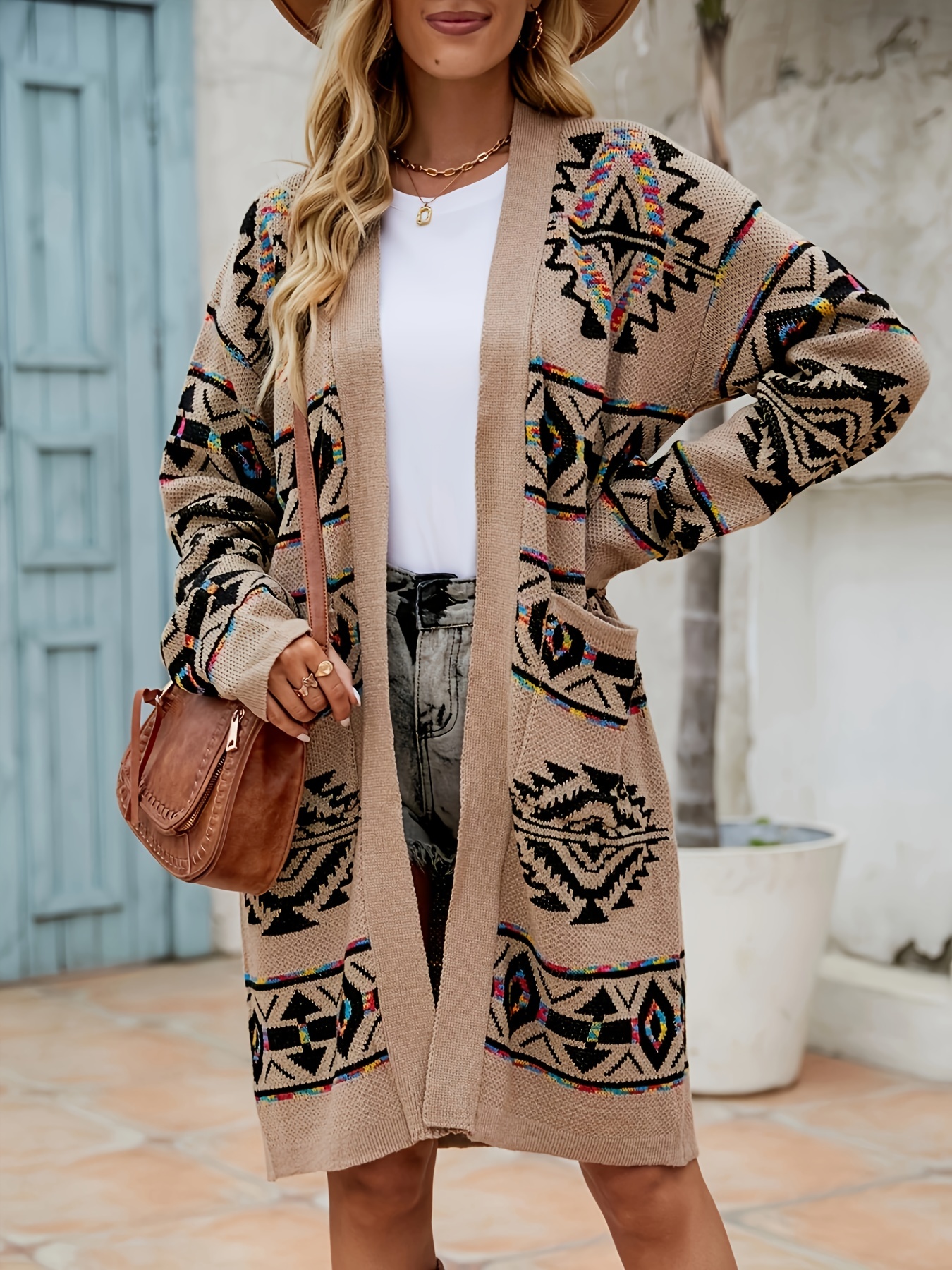Western Aztec Pattern Knit Cardigan, Casual Open Front Long Sleeve Pocket  Sweater, Women's Clothing