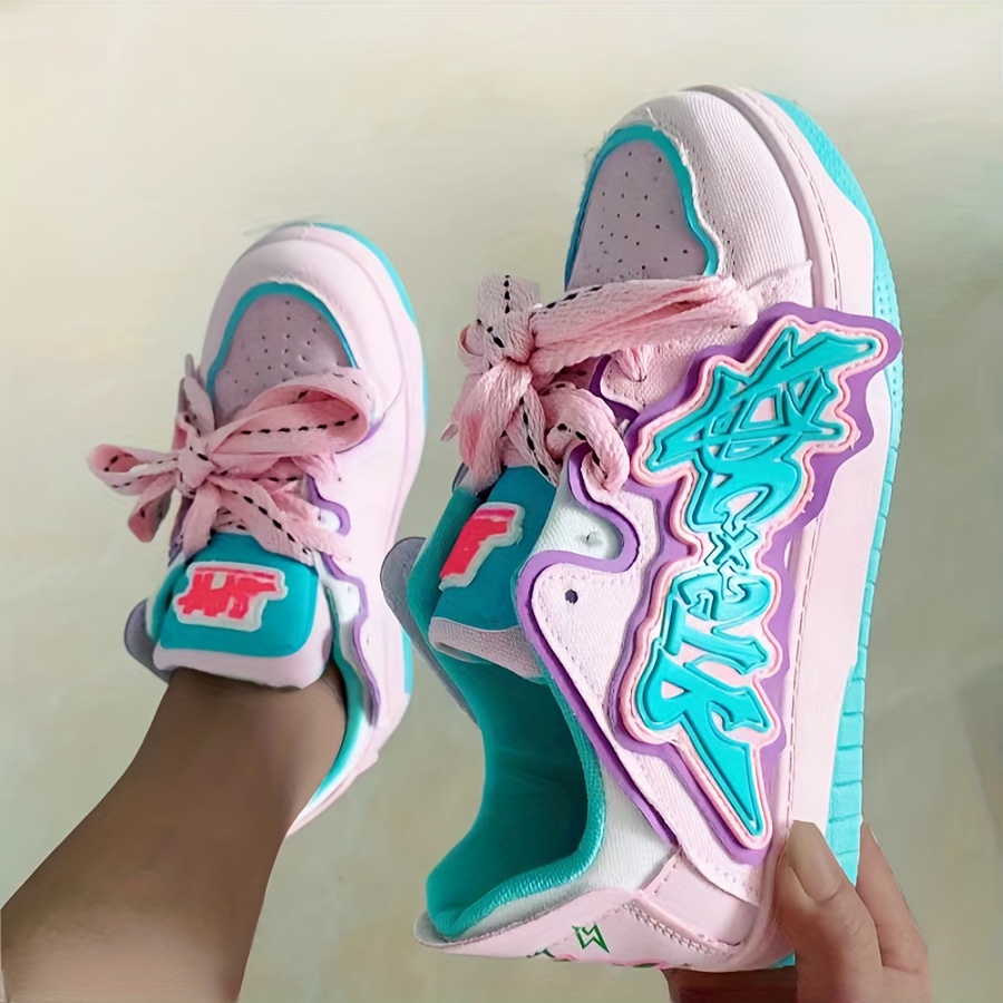 Sporty Pink Chunky Shoes For Girls, Letter Patch Decor Drawstring Design  Sneakers