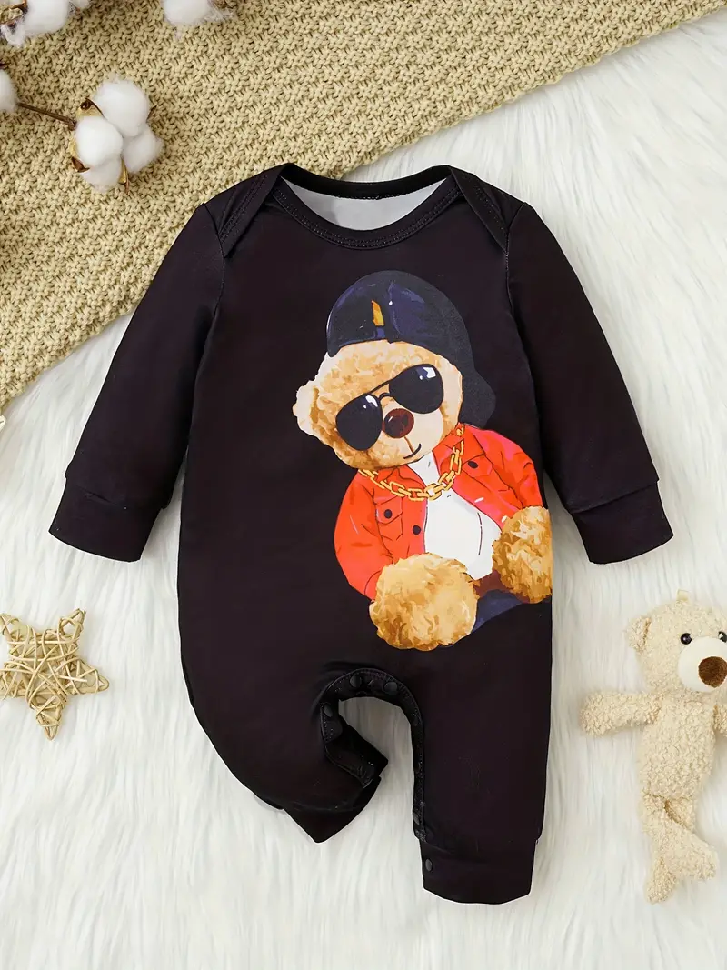 baby boys long sleeve cute cartoon bear print romepr bottom snap jumpsuit details 0