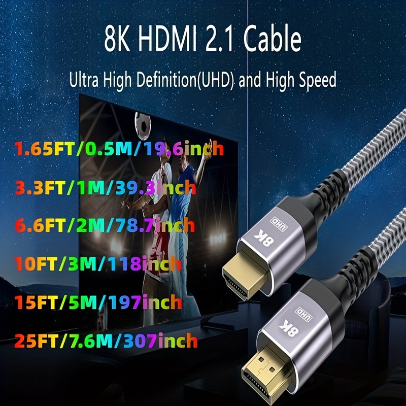 8K HDMI Cable 2.1 48Gbps 3.3FT/1M, High Speed HDMI Braided Cord-4K@120Hz  8K@60Hz,Compatible with Roku TV/PS5/HDTV/Blu-ray