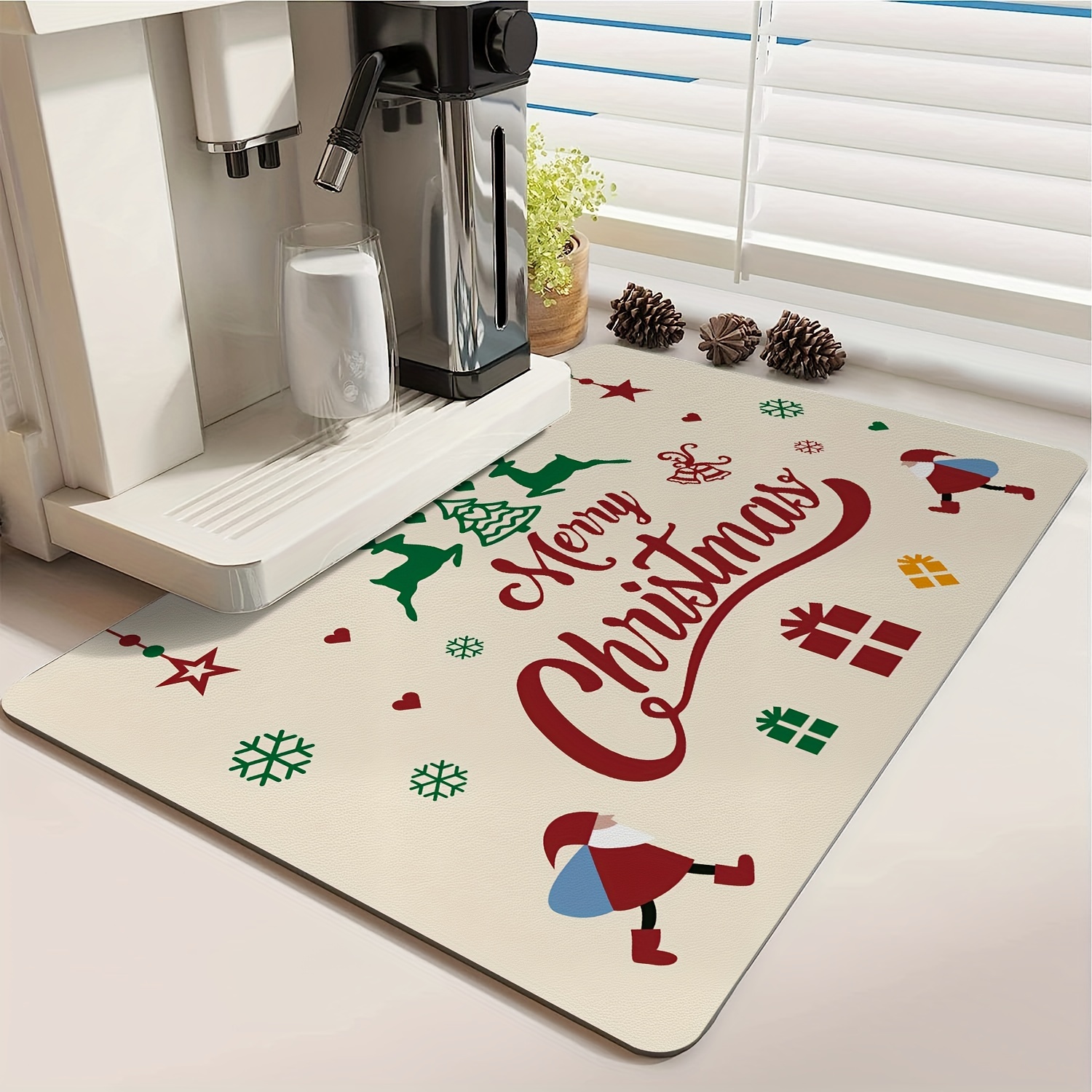 1pc Christmas Coffee Bar Mat, Dish Drying Mat , Absorbent Coffee Maker Mat  For CountertopsHide Stains, Fit For Under Espresso Machine/Coffee Pot/DishRack/Kitchen/  Christmas Decor Christmas Decor, Coffee Mat - Hide Stain Absorbent