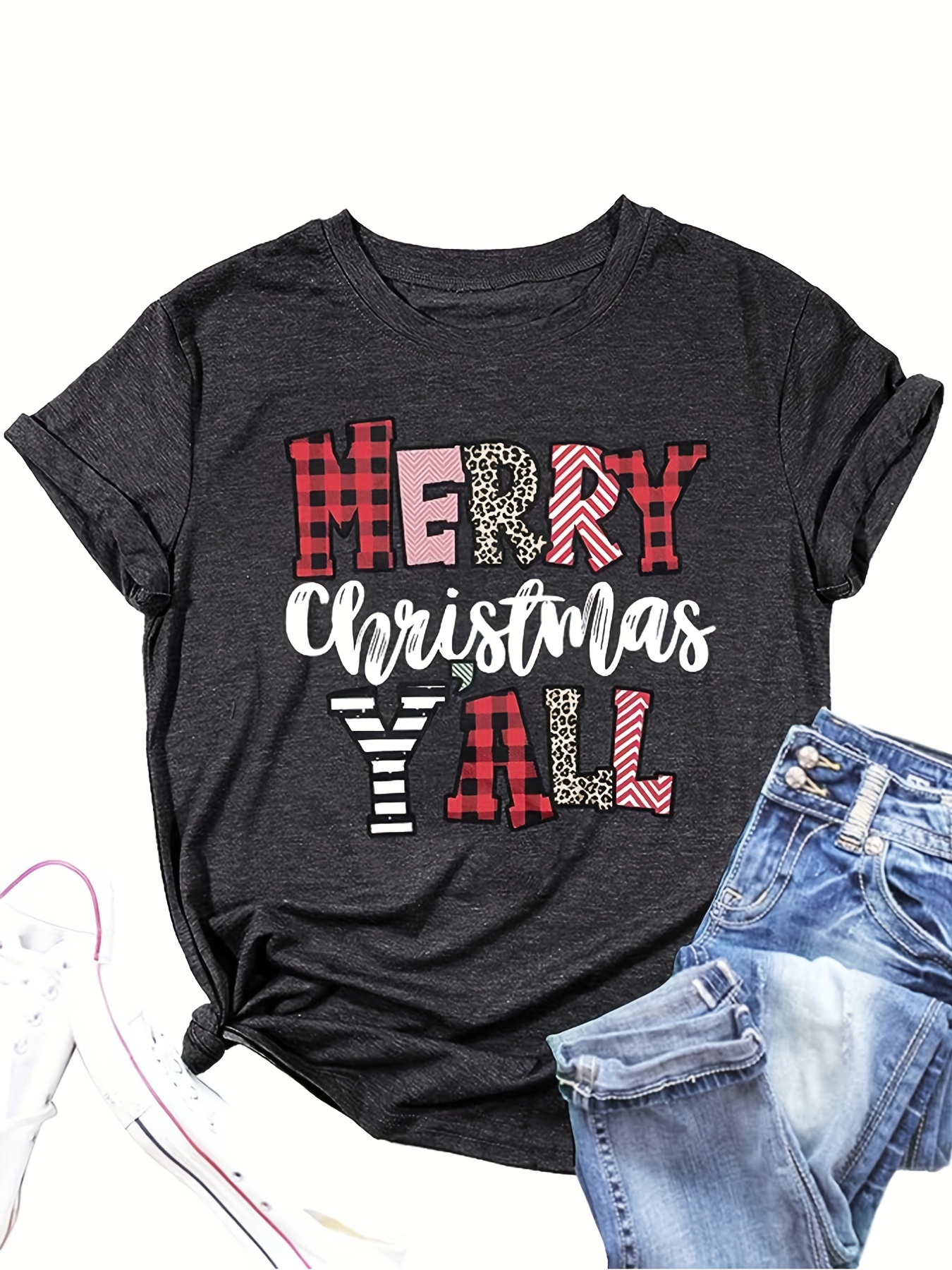  Ladies Casual Christmas Print Short Sleeve Pocket