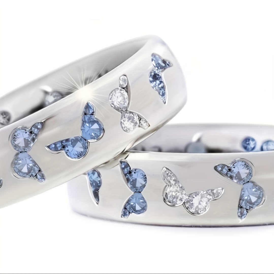 PMUYBHF Fashion Individuality Creativity Zircon Versatile Stainless Steel  Love Butterfly Blue Glow Fadeless Ring Jewelry WoMen's Rings Size 9.5