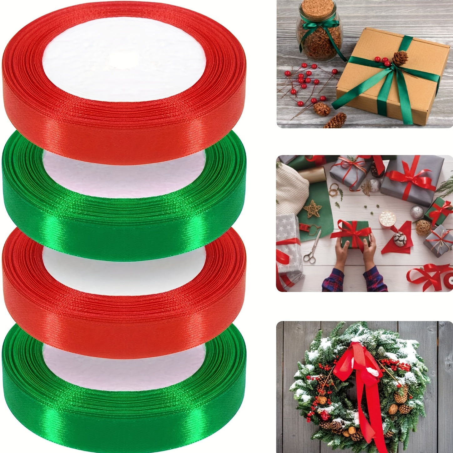 4 Rolls 100 Yards Christmas Ribbons 10mm Wide Holiday Satin Ribbons For  Gift Wrapping And DIY Craft, Red & Green