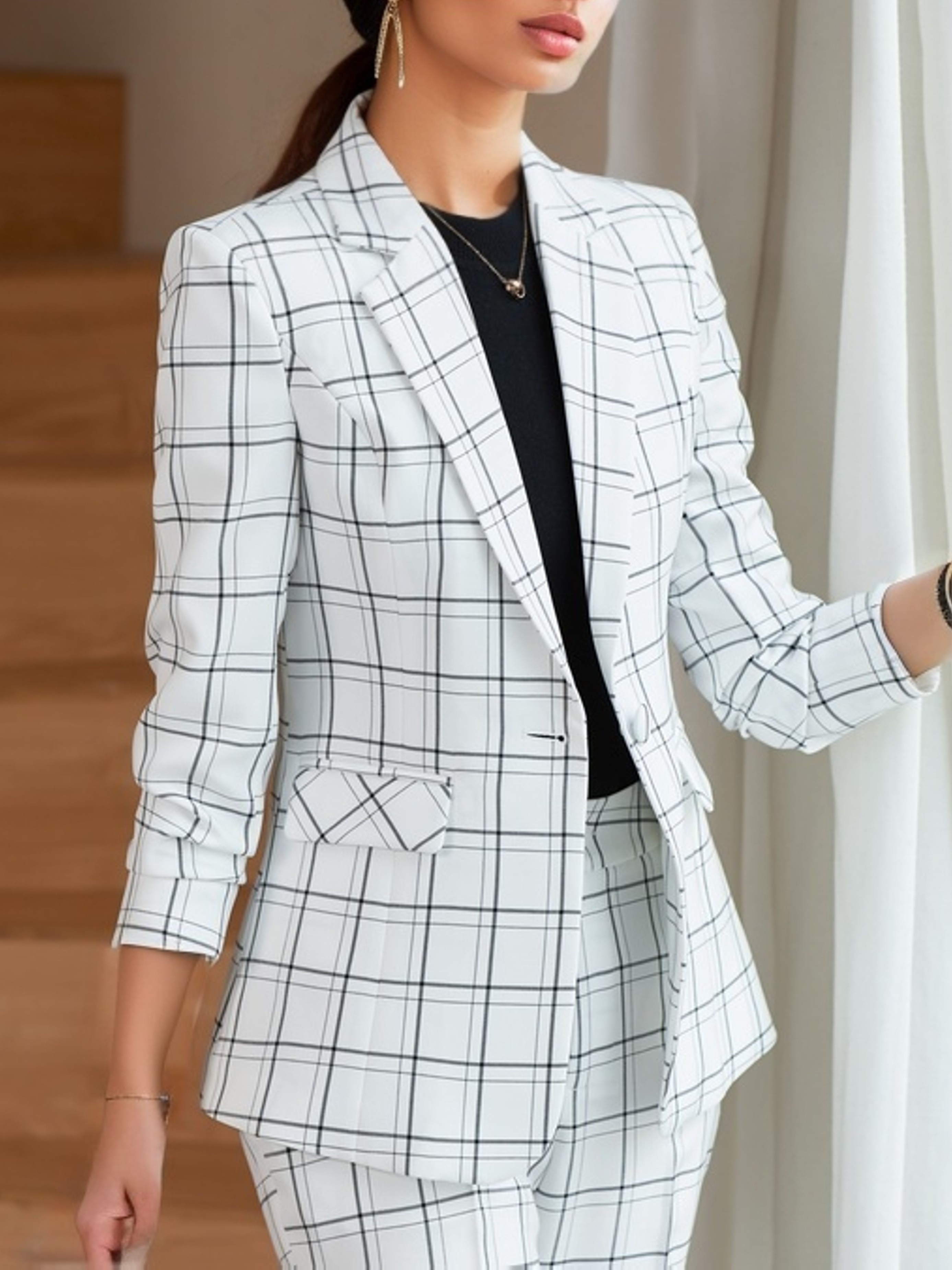 Windowpane Pattern Lapel Elegant Open Front Long - Temu