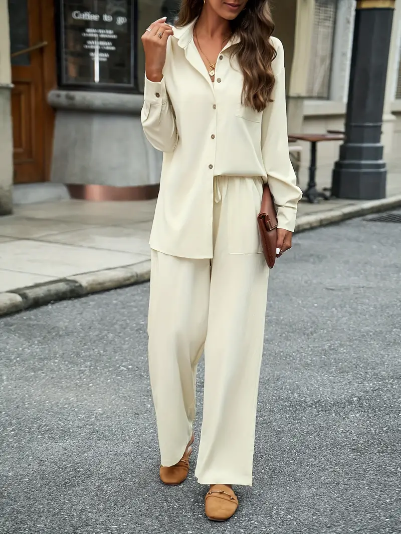 Solid Two-piece Set, Elegant Button Front Shirt & Wide Leg Pants Outfits,  Women's Clothing