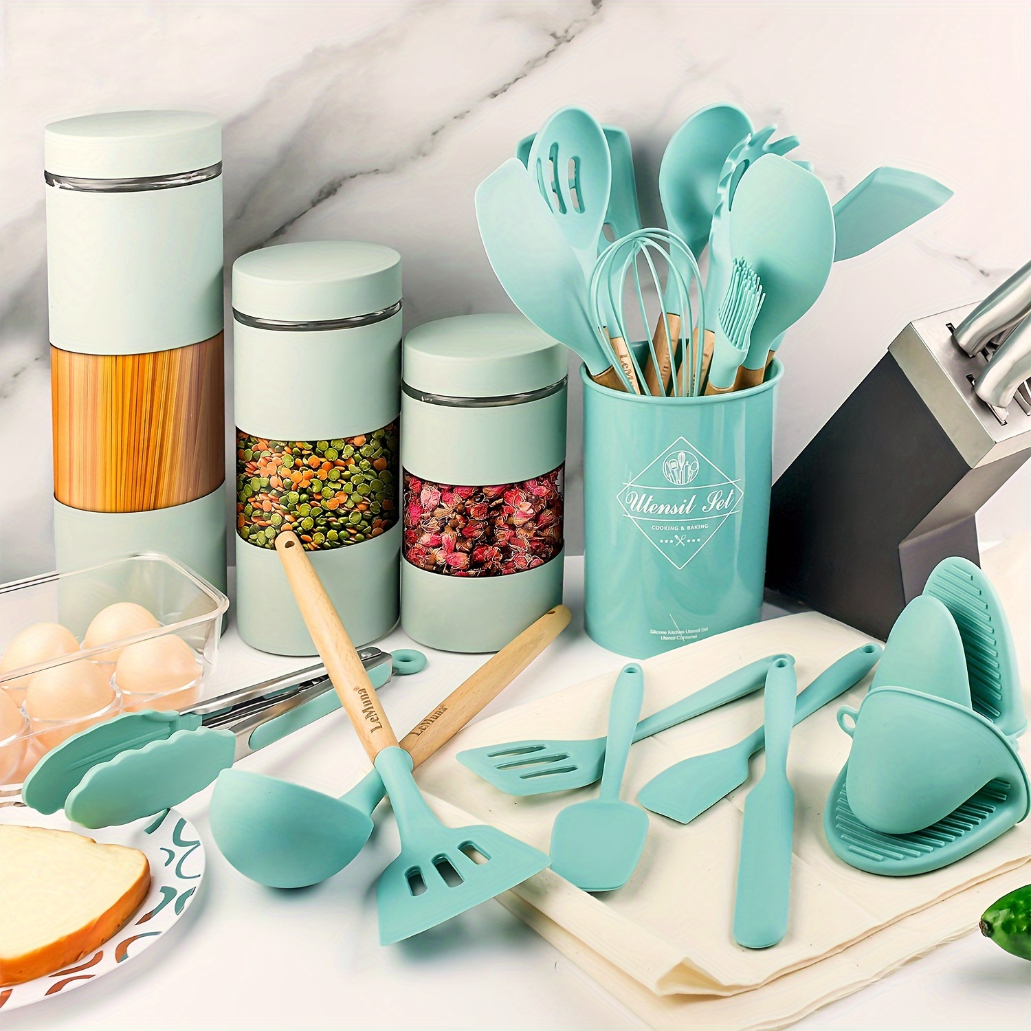 Cooking Tool Non Toxic Turquoise Kitchen Utensils Silicone Wooden