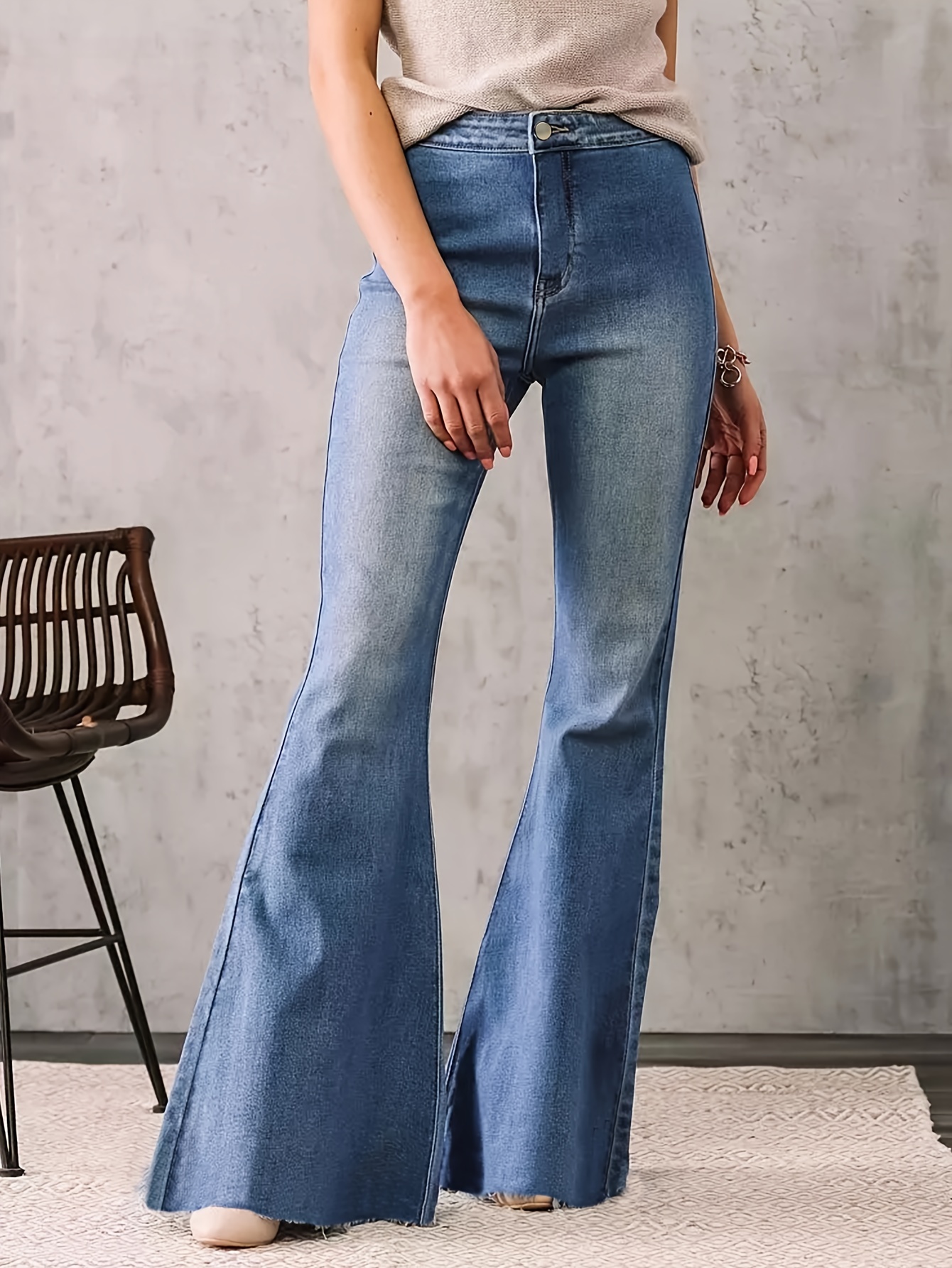 Retro Style Washed Flare Jeans stretch Slant Pockets - Temu New Zealand