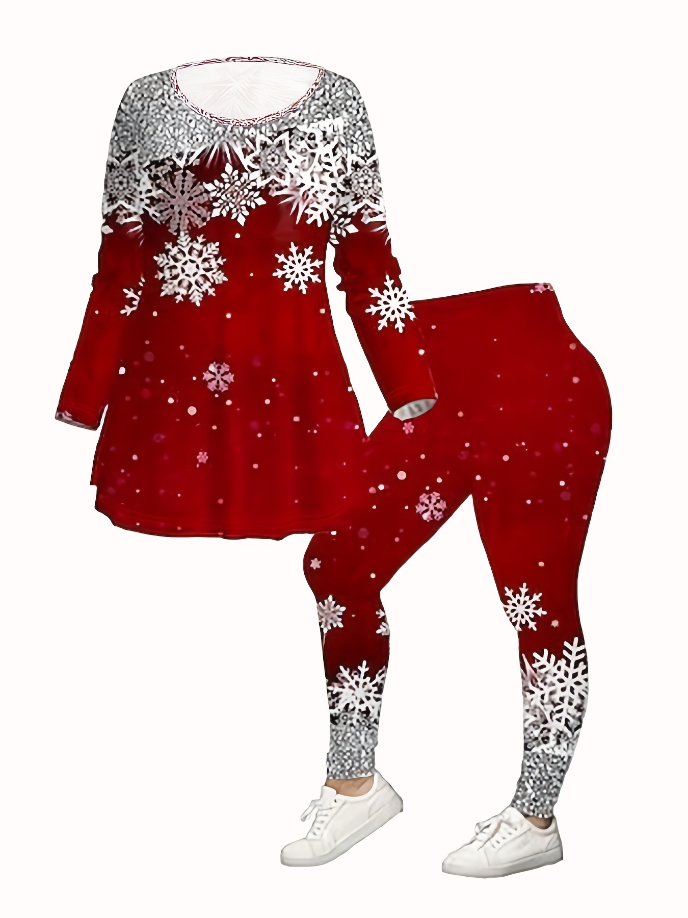 Plus Size Christmas Outfits Set, Women's Plus Plaid & Snowflake Print Long  Sleeve Round Neck Top & Tummy Control Leggings Outfits Two Piece Set