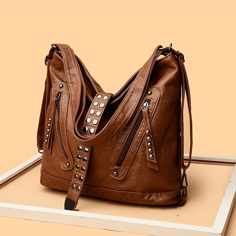 Studded Decor Shoulder Bag, Vintage Faux Leather Hobo Bag, Women's Large Capacity Crossbody Purse,Leather Handbag,Temu