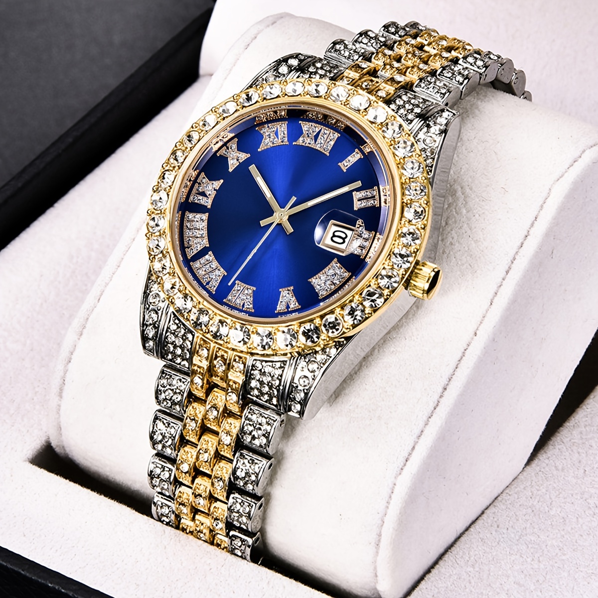 A07649 Vintage Rhinestone-Encrusted Roman Numeral Dial Quartz Watch with Maroon Face & -Accented Stainless Steel/Zinc Alloy Band - Unisex Analog Watch for Women & Men, Casual & Formal Occasions, Vintage Watch, Formal Timepiece, Peacock Dial Design, Sparkling Encrusted Crystals