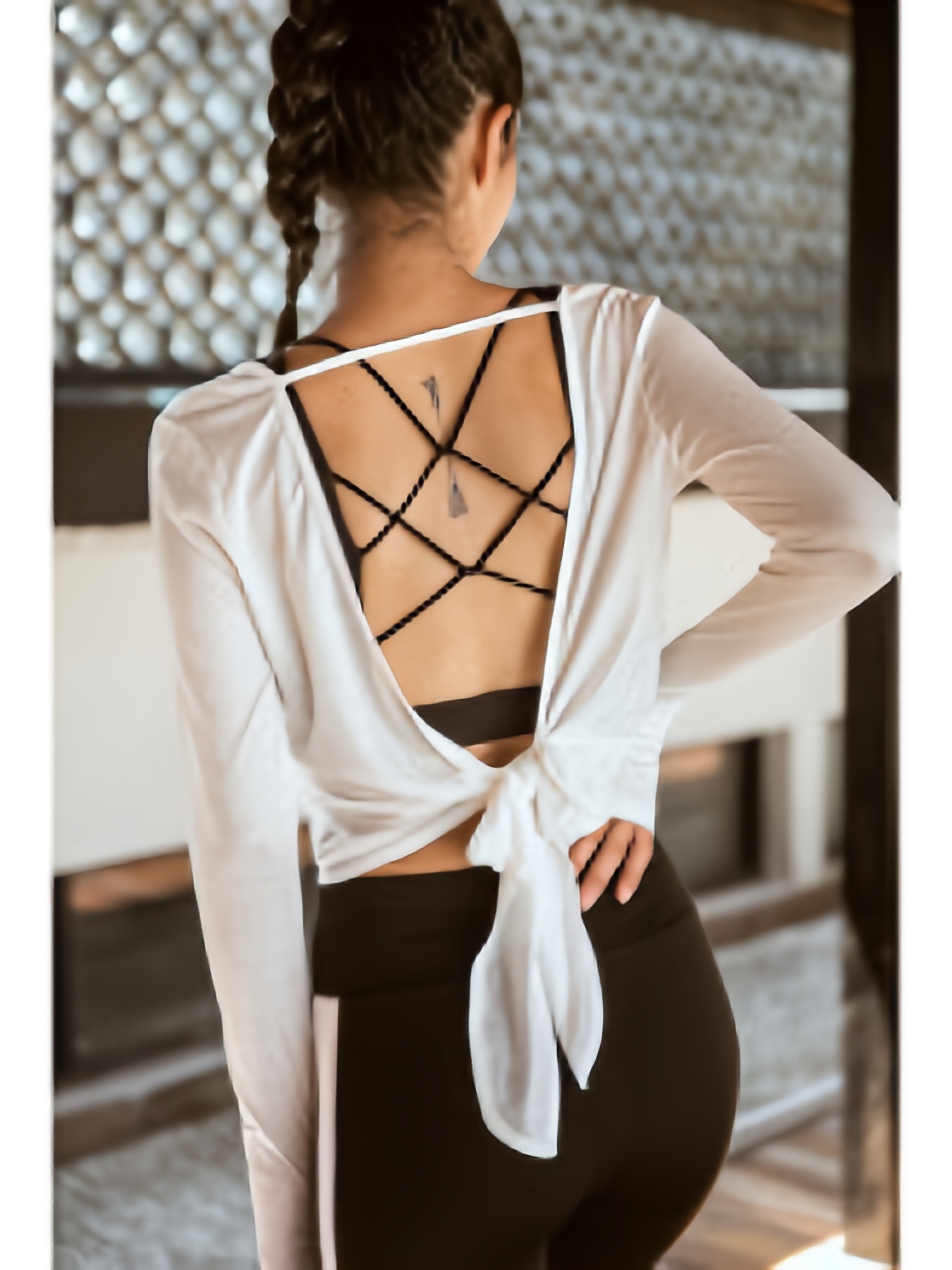 Women's Sexy Mesh Stitching Knot Back Yoga Shirt Long Sleeve - Temu