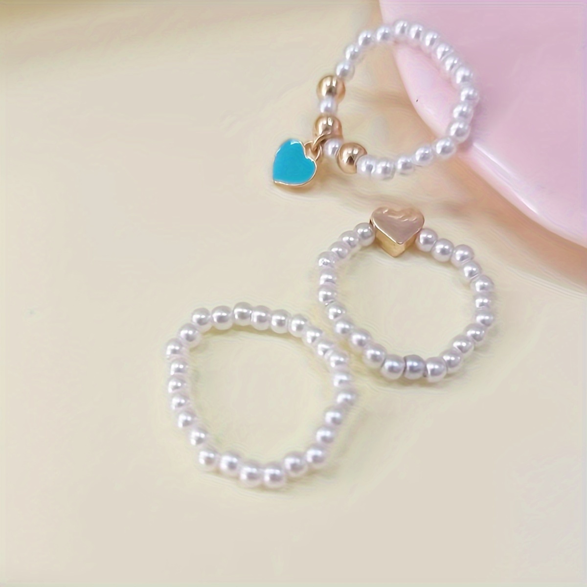 Vintage Heart Ring Set Elastic Irregular Faux Pearl Beaded Love Drop Ring