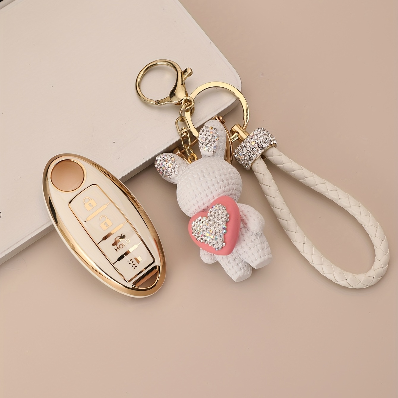 Car Key Case & Rabbit Decor Keychain Set Compatible With Nissan