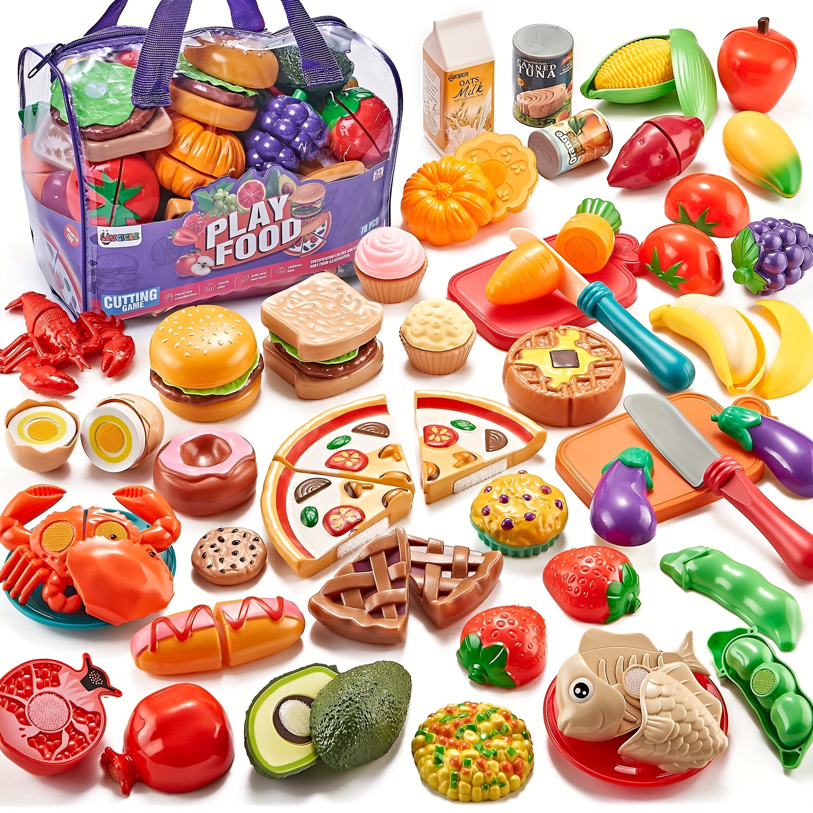Foregive legemad til børne køkken - 78 stk. skære legetøj mad med legetøj med grøntsager, frugter, med pizza legetøj, foregive mad, lege køkken tilbehør, drenge piger ...