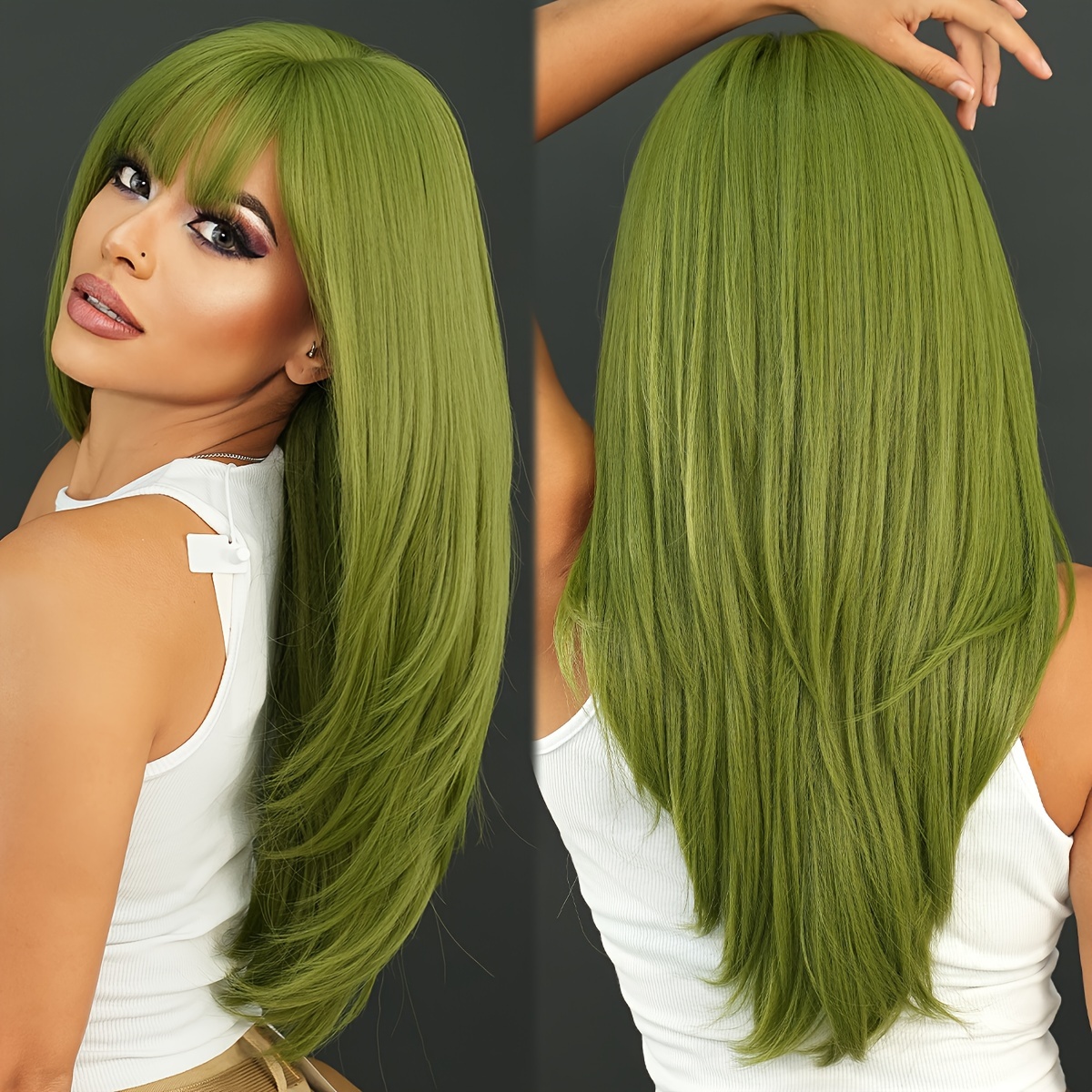 Olive Green Synthetic Lace Wig Long Straight Natural Looking Lace