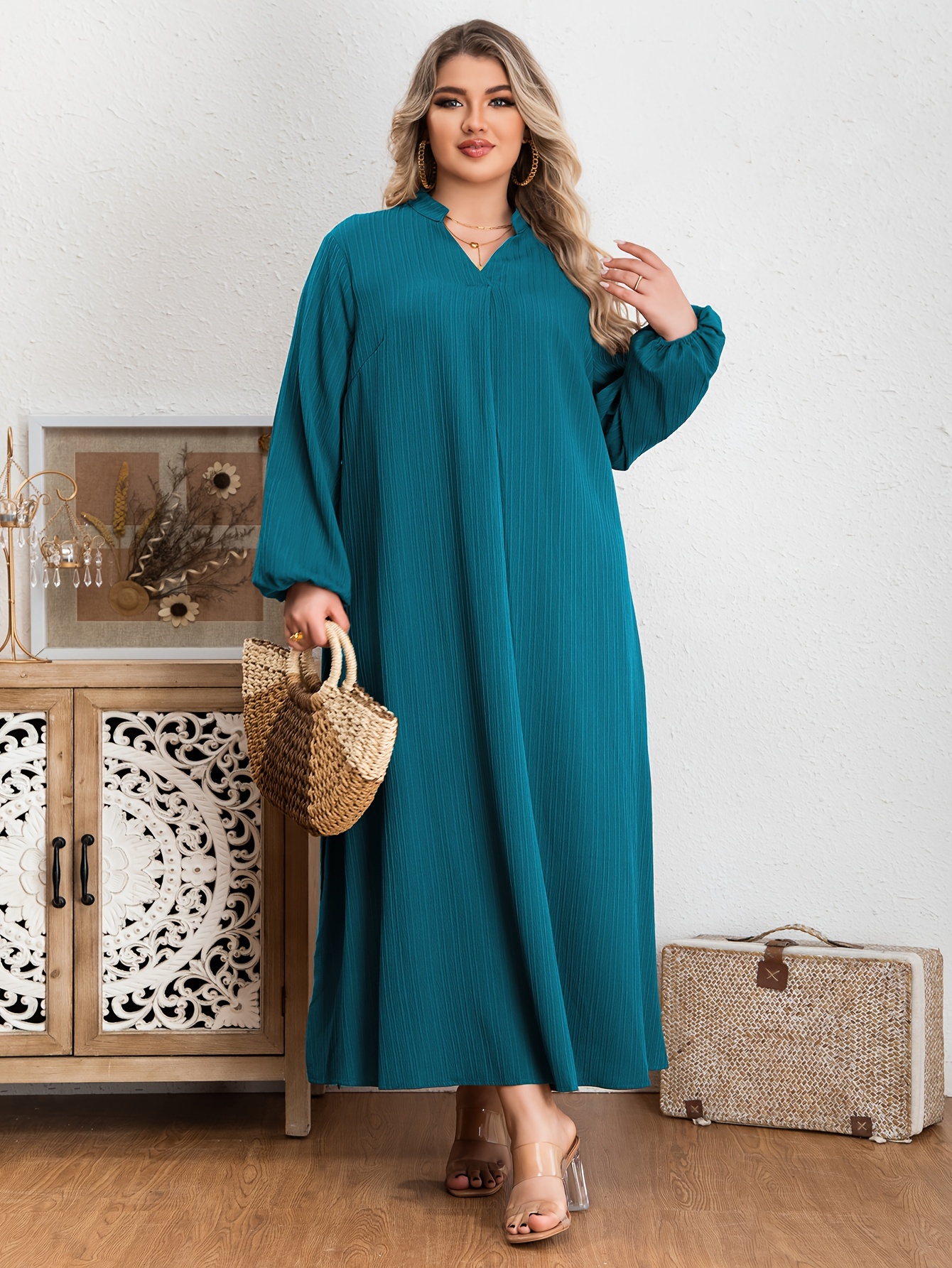 Plus Size Textured Solid Dress Casual Notch Neck Long Sleeve