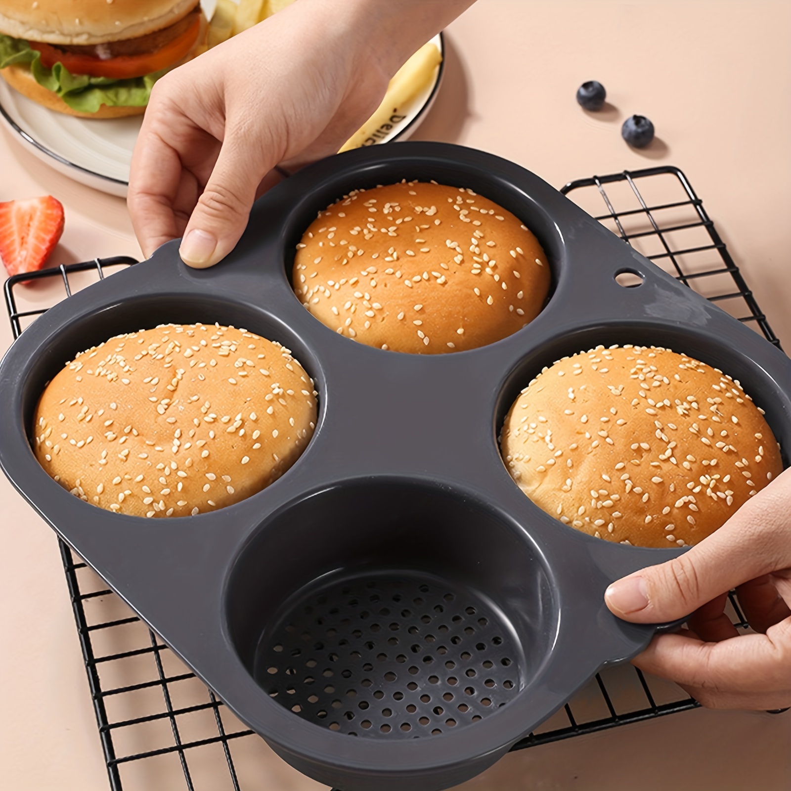Silicone Hamburger Bun Pan, Non Stick Silicone Hamburger Bun Mold,  Perforated Si