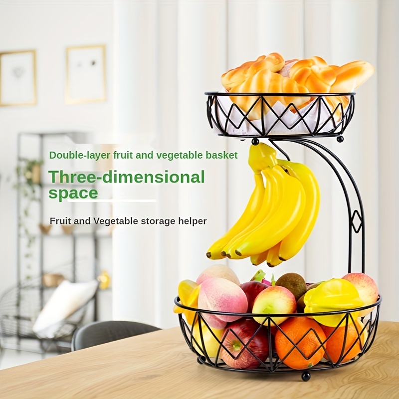 2-Tier Countertop Fruit Basket Bowl with Banana Hanger, Metal Wire  Vegetable