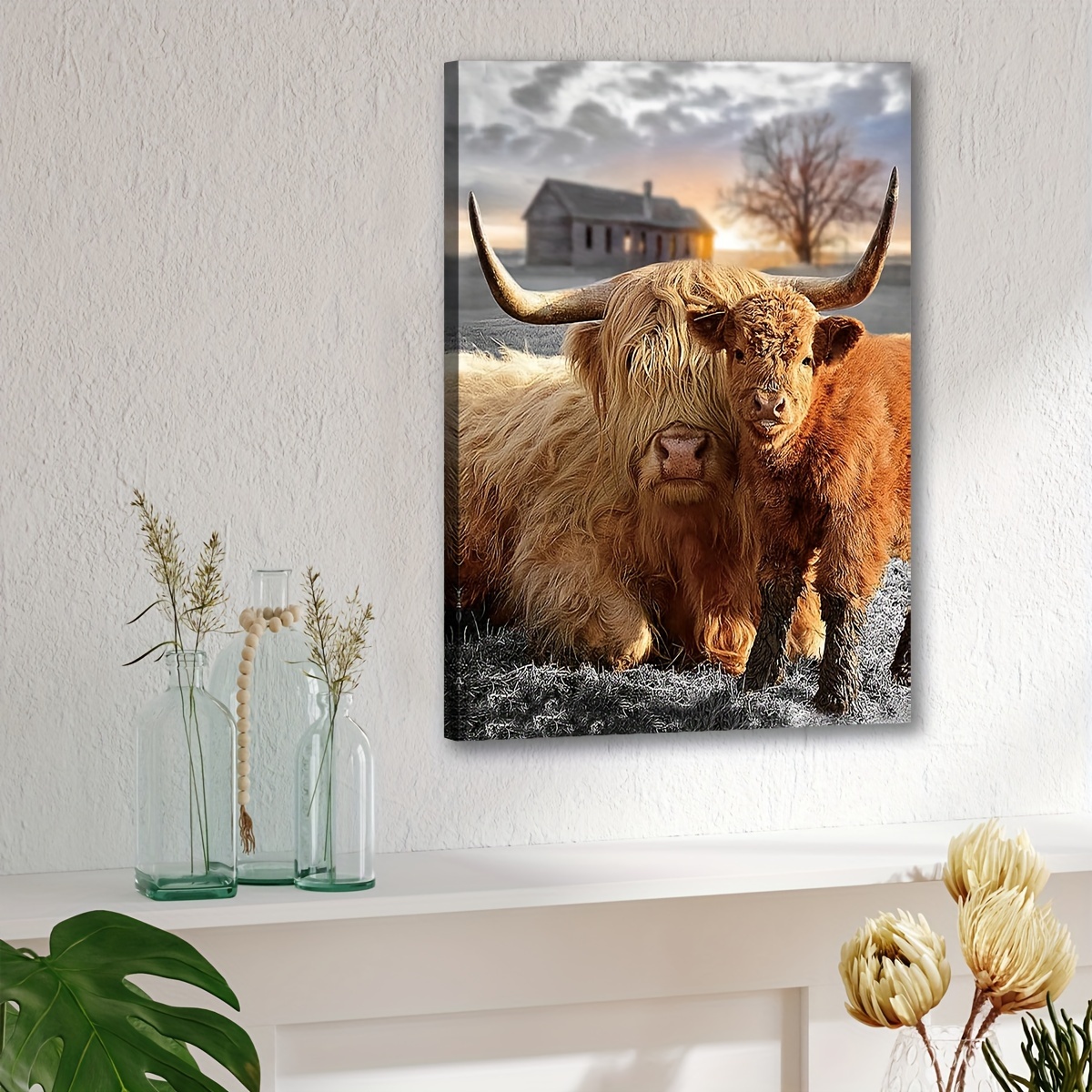 Canvas Poster Wooden Frame Modern Art Cute Highland Cow - Temu