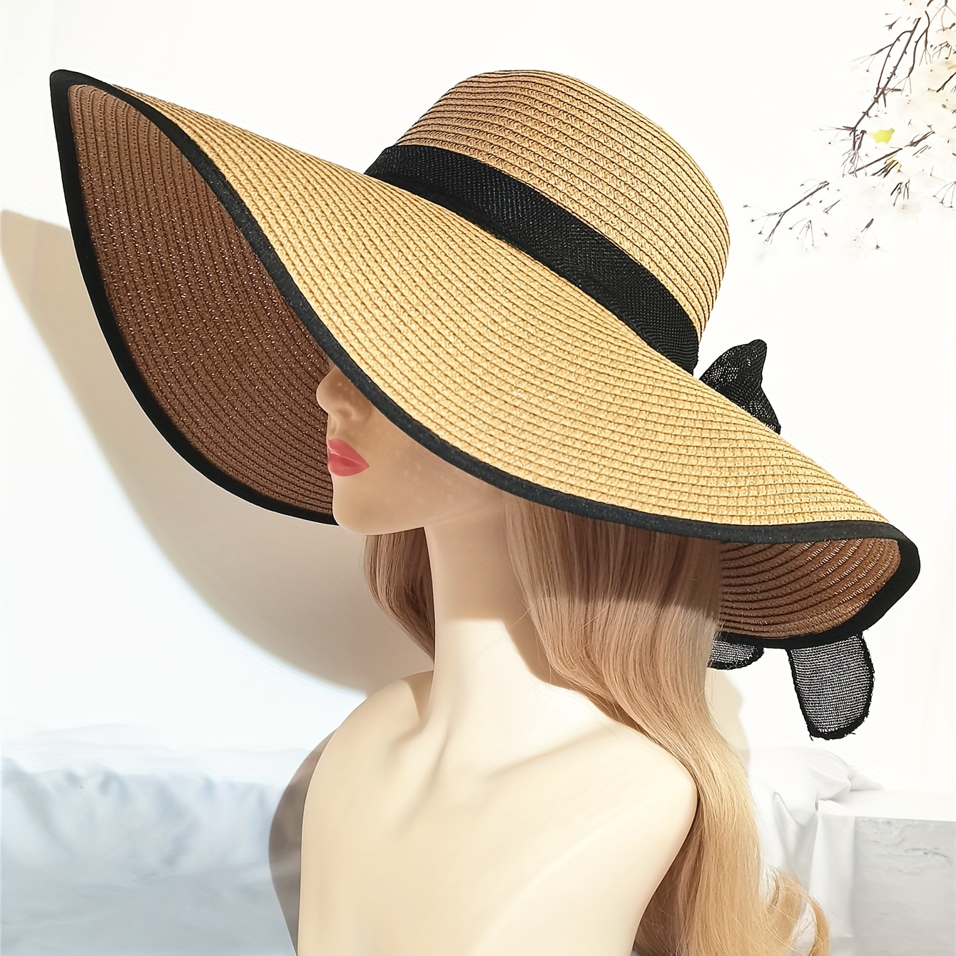 Women Summer Flower Ribbon Sun Hat Beach Wide Brim Hats Hat Female
