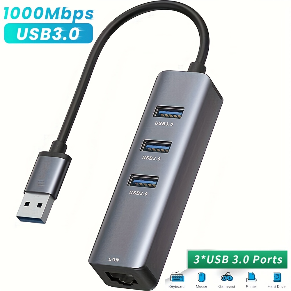 USB 3.0 to Ethernet Adapter,3-Port USB 3.0 Hub with RJ45 10/100/1000  Gigabit Ethernet Adapter Support Windows 10,8.1,Mac OS, Surface