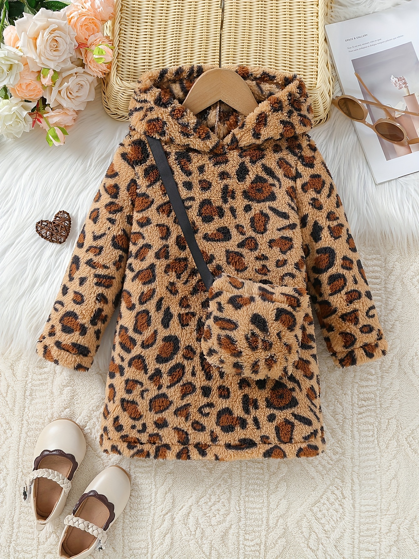 2pcs Girls Elegant Cute Fleece Thermal Dress With Ruffled Neck & Leopard  Print Bag For Winter Party, Lotus *