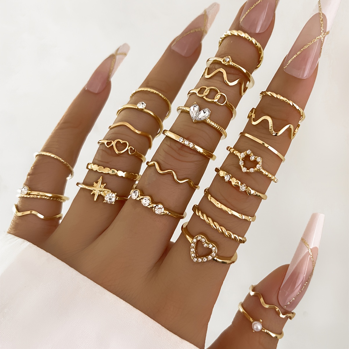 

Elegant 28-piece Ring Set - Sexy Fashion Stacking Rings Combo With Rhinestone Accents, Iron Alloy, Various Geometric & Heart Designs For Daily Wear