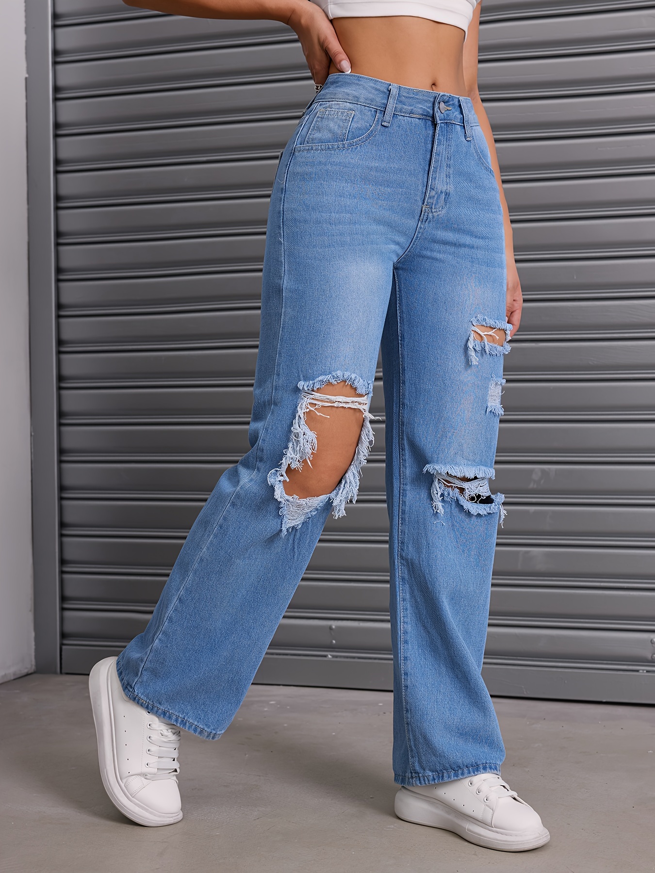 Blue Ripped High Waist Straight Jeans, Distressed High * Wide Leg Loose Fit  Baggy Denim Pants, Women's Denim Jeans & Clothing