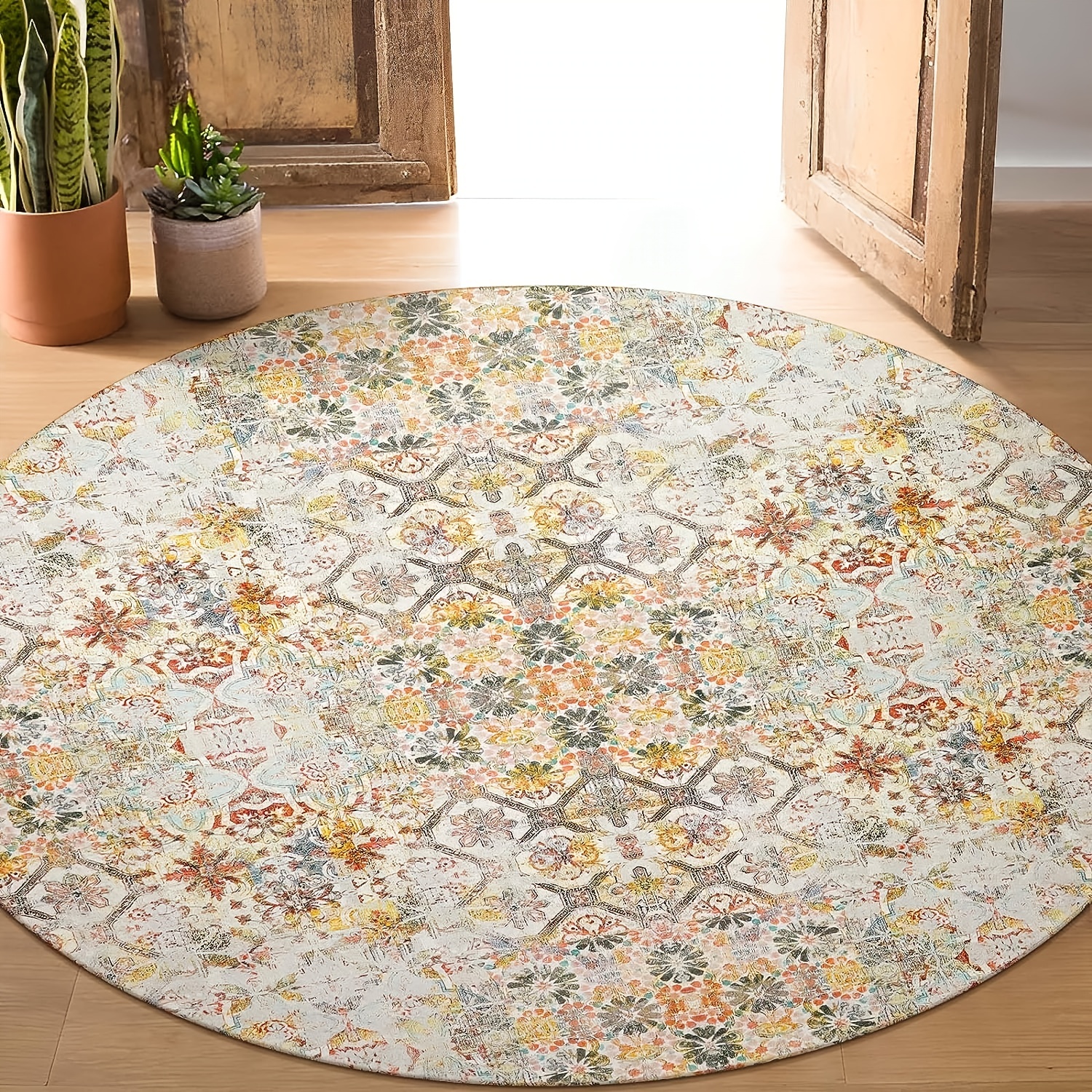 1pc Boho Kitchen Rug, Round Soft Carpet Mat, TPR Non-slip Backing Rugs Mat,  Area Rugs For Living Room, Throw Bedroom Rug, Floral Print Dinning Room Ru