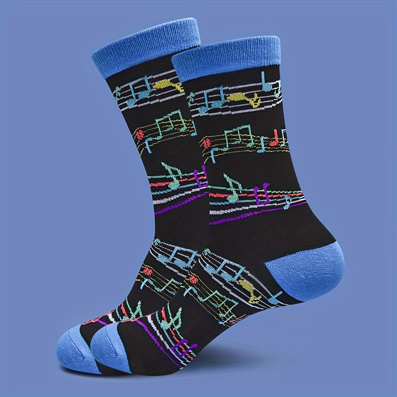 Image of 1 Pair Men's & Women' Note & Music Staff Socks - Warm Mid-calf Thermal Design, Machine Washable Casual & Music-themed Outfits, Unisex For Musicians & Music Lovers