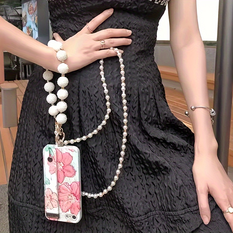 mobile phone lanyard white imitation pearl crossbody long lanyard portable chain pendant suitable for iphone samsung phone keychain headphone case bag camera pendant jewelry gift wristband anti loss rope fashion womens details 3