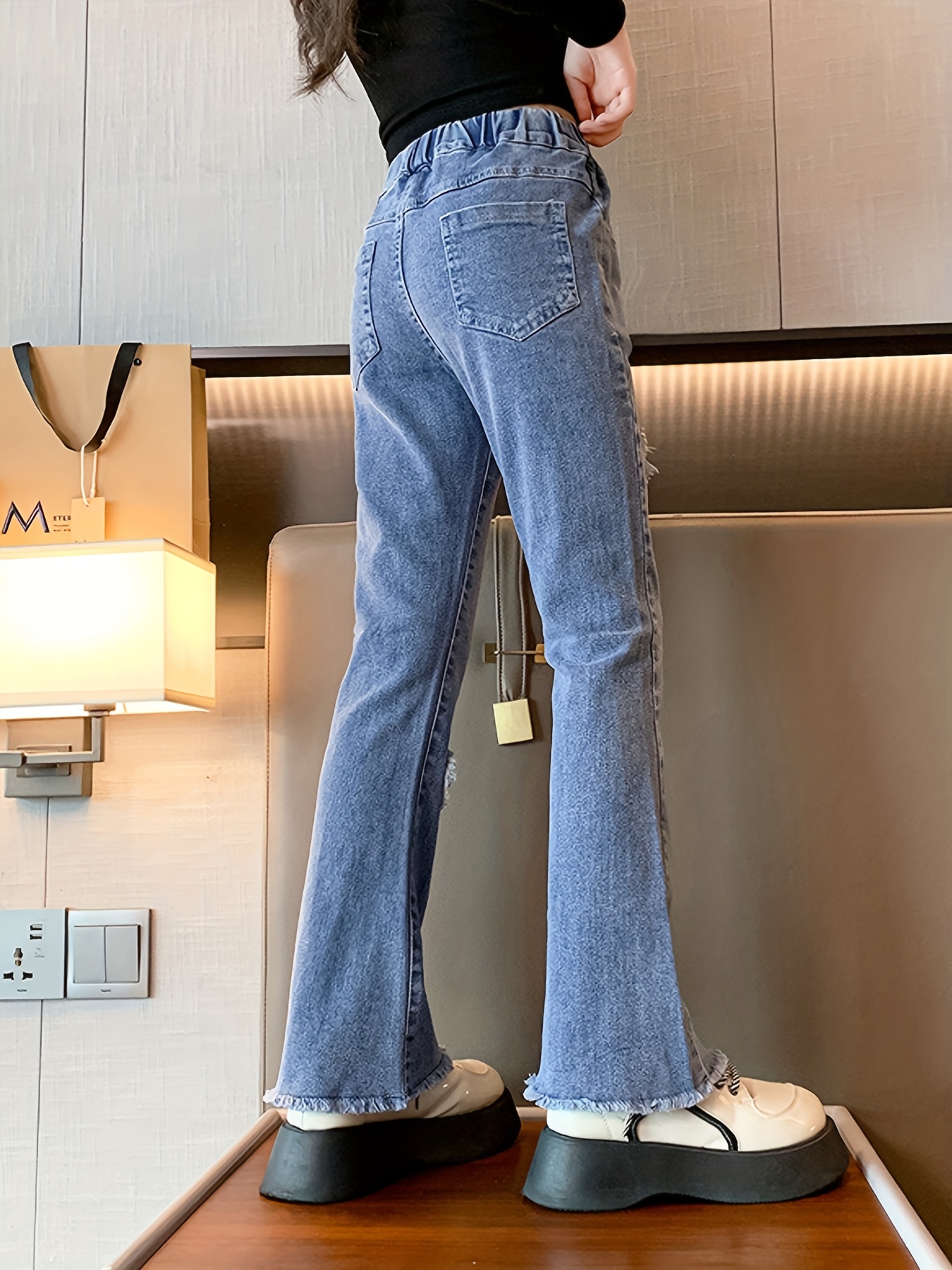 Jeans In Denim Svasati Lunghi Da Ragazza Con Toppe A Cuore Carino,  Pantaloni Alla Moda Da Ragazza Per Tutte Le Stagioni